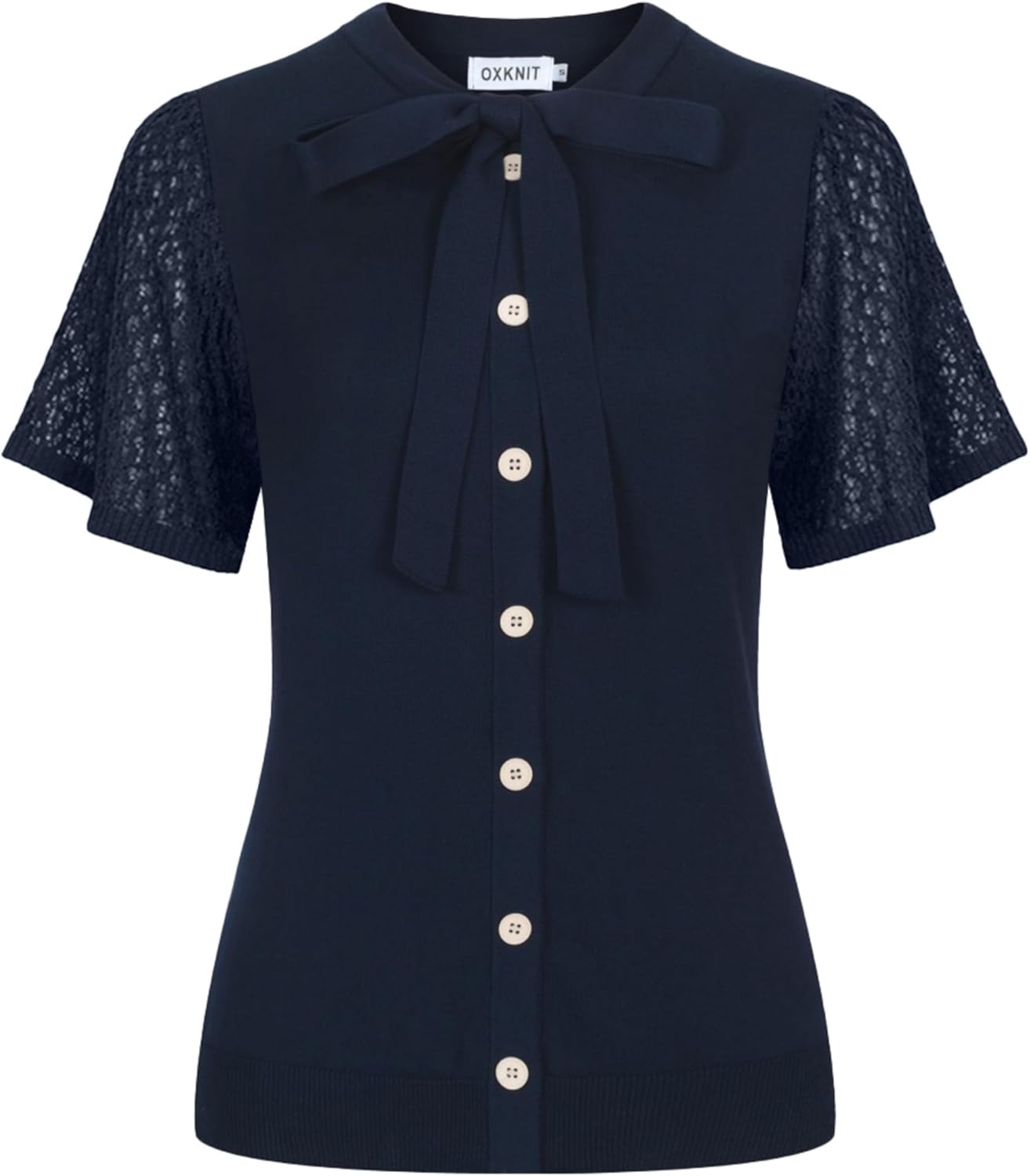 OXKNIT Women's Knit Short Sleeve Cardigan 1960s Classic Vintage Solid Dark Blue Tops Button Down Knitwear with Lace-Up