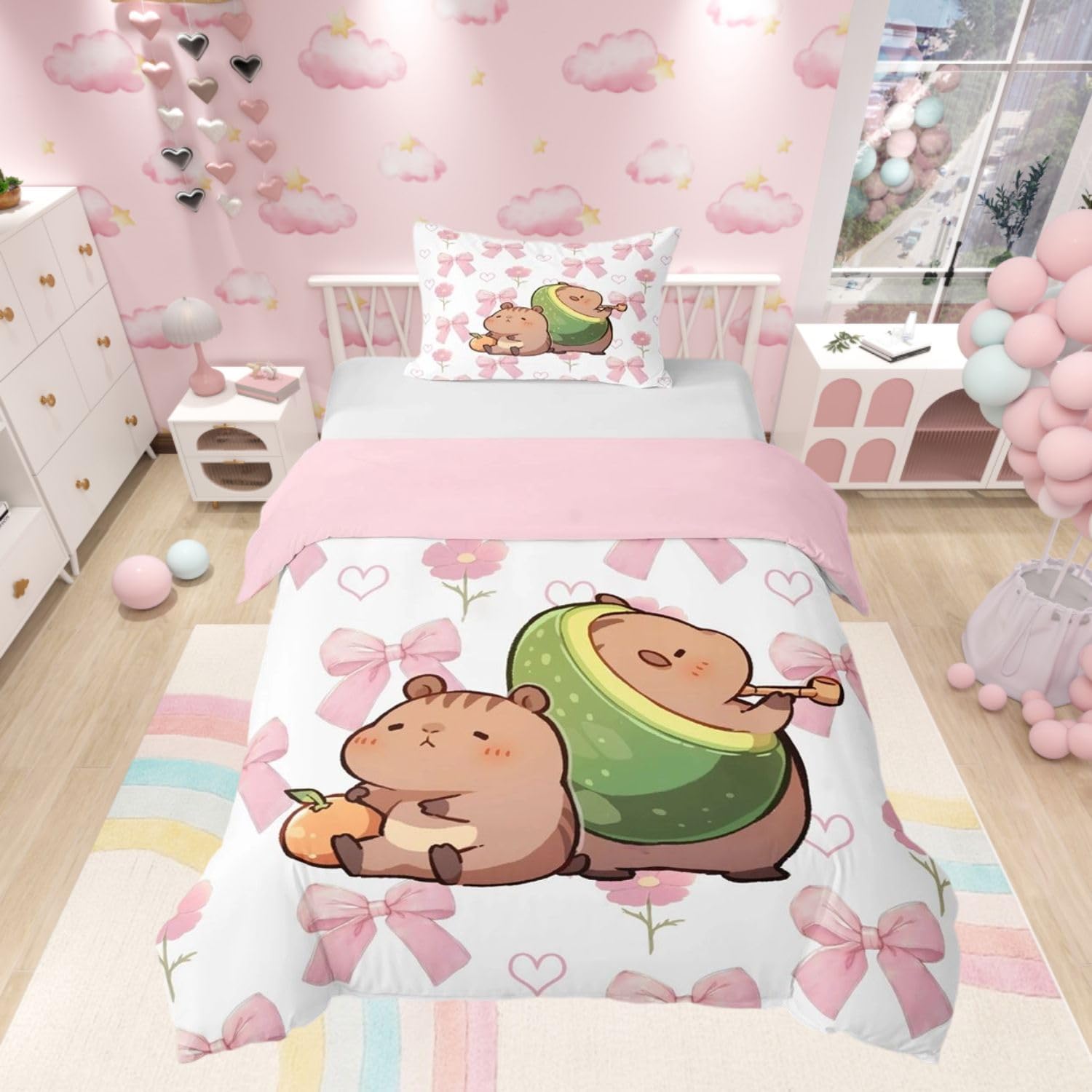 Homewish Girls Pink Bow Cot Duvet Cover Set Kids Kawaii Capybara Bedding - Cute Avocado Capybara Animal Quilt Cover Princess Style Bowknot Flower Bed Set with Pink Reverse - 1 Pillowcase
