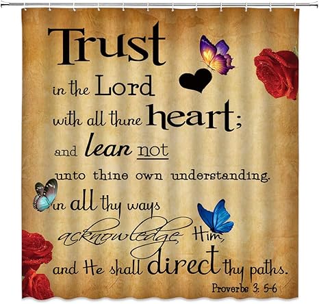 Amazon Com 勵志名言浴簾相信耶和華與全心一起彩色蝴蝶紅玫瑰花勵志詞復古原狀鄉村布料浴室裝飾附掛鉤 居家與廚房