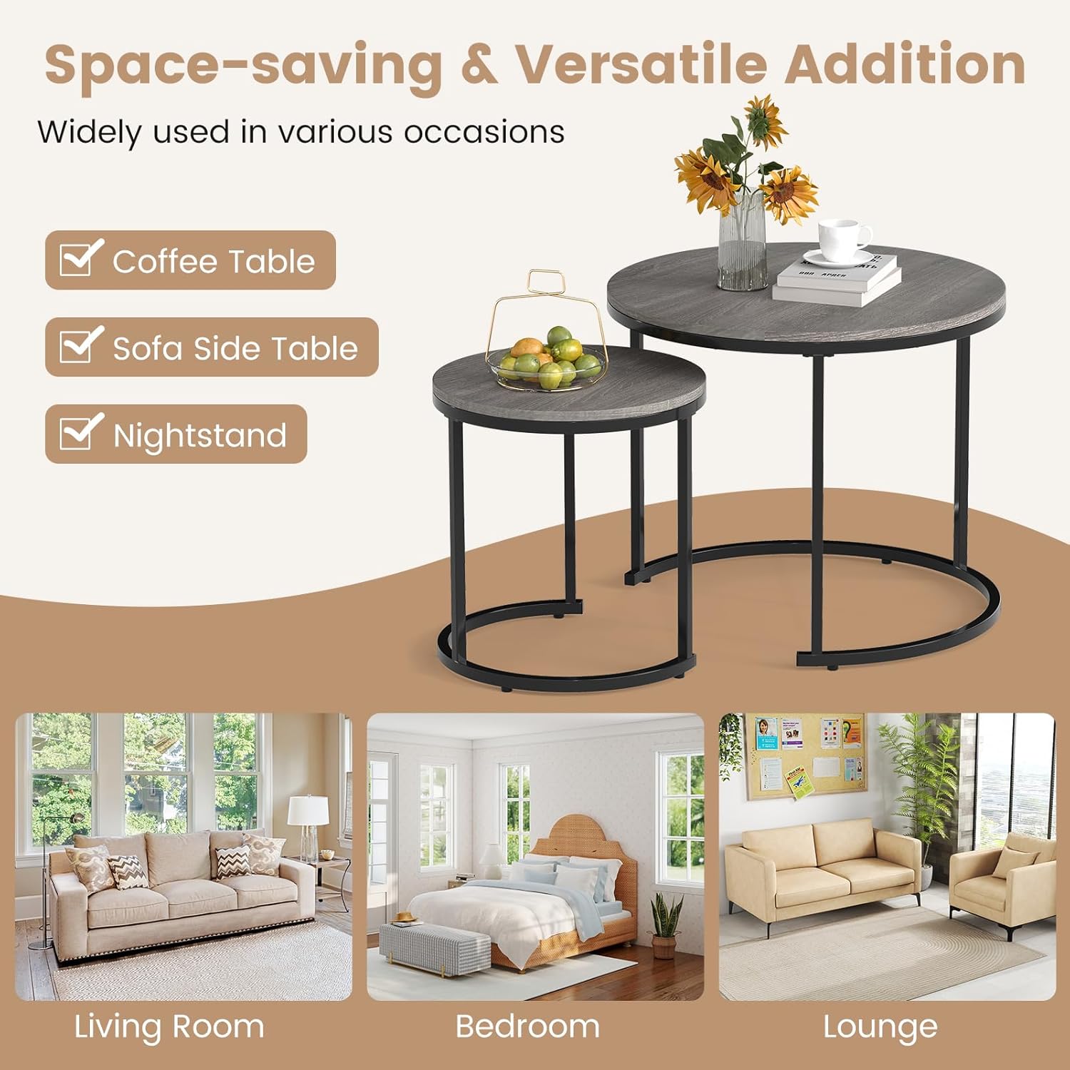 Giantex Nesting Coffee Table Set of 2, Round Stacking Side Tables with Wooden Tabletop & Powder Coated Steel Frame, Space Saving Vintage End Tables for Living Room, Balcony, Office (Grey Oak)