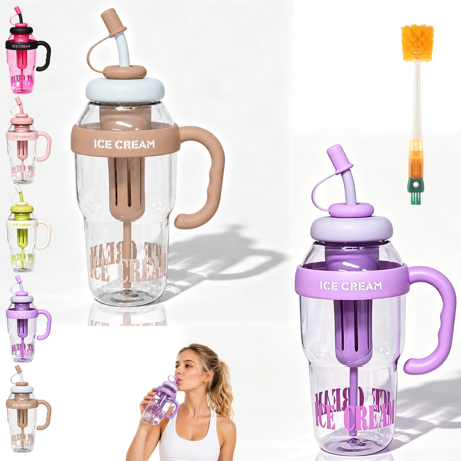 Stylish Large Capacity Sports Water Bottle with Straw, 1300ml Summer Handle Plastic Cute Large Capacity Ice Cup, Convenient Cup with Tea Infuser for Camping Hiking Summer Outdoor Sports (2pc-b)
