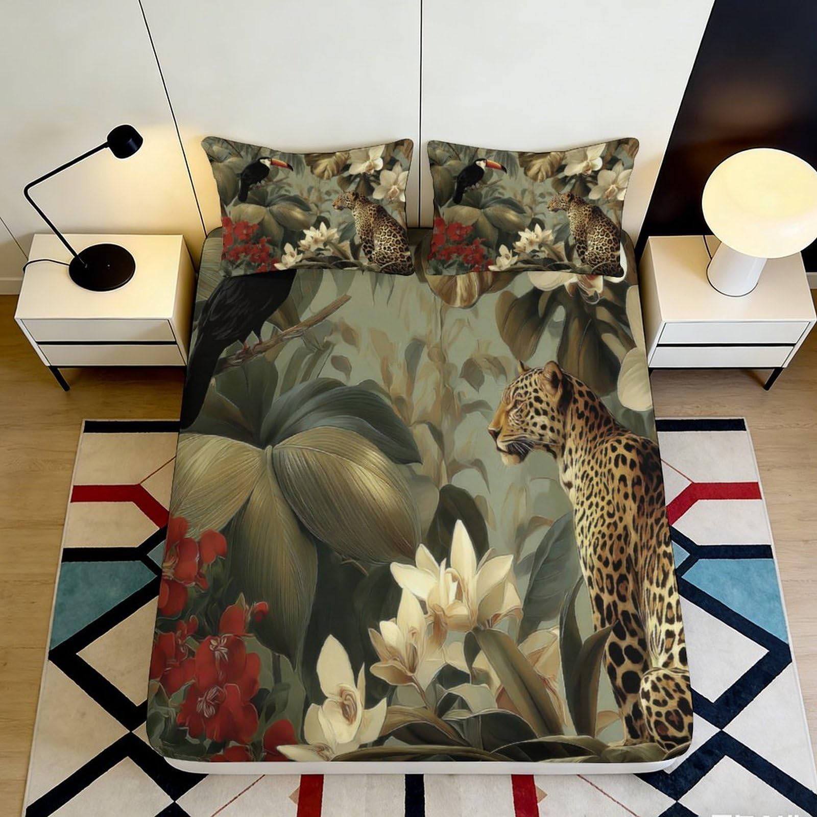 3D Printed Jungle Leopard Fitted Sheet Microfiber Soft Botanical Toucan Mattress Cover for Bedroom Dorm Decor 180x200x25cm