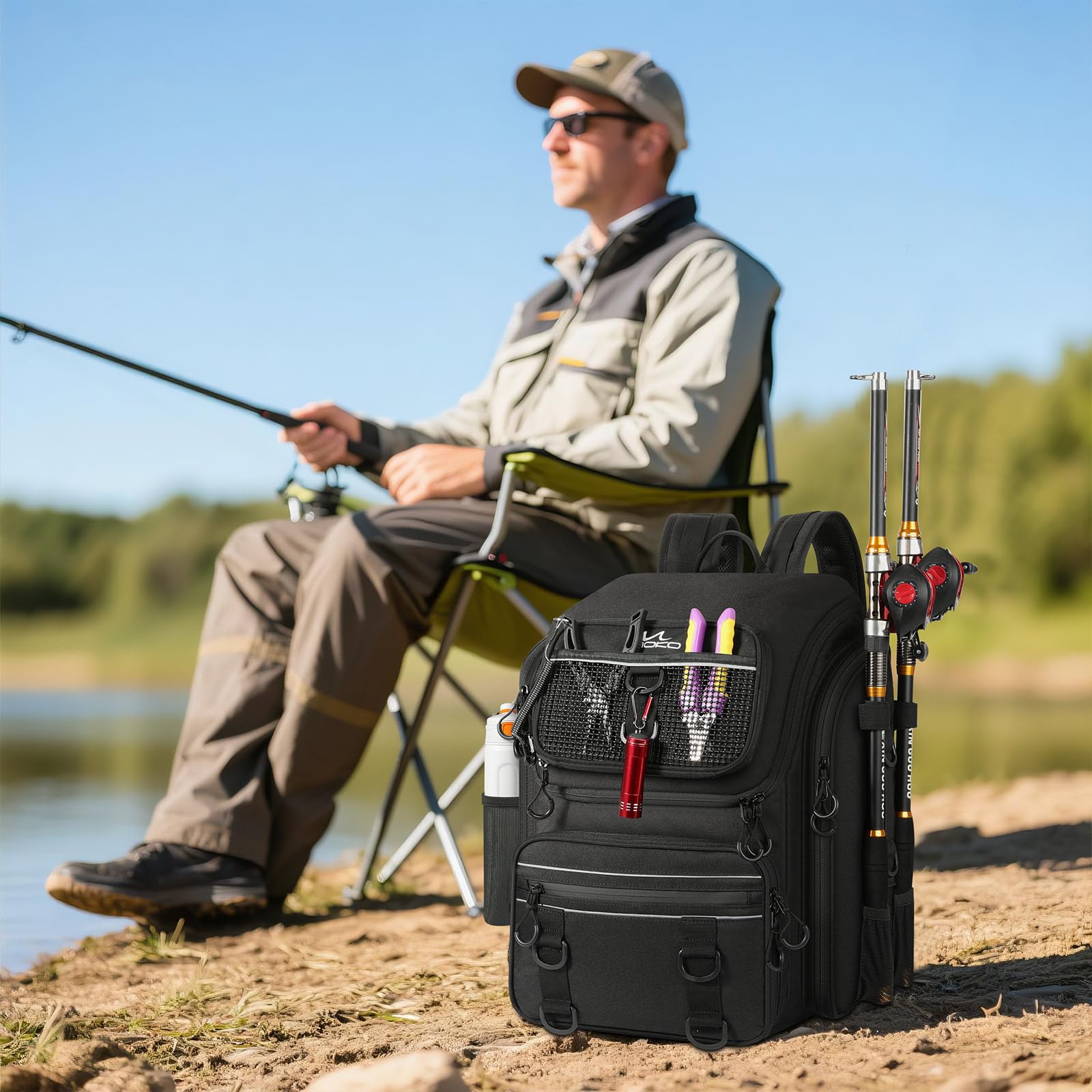 MoKo Mochila de Pesca, Mochila Grande 40L con portacañas y Carpeta de Cebo para Guardar el Equipo de Pesca y el Equipo de Senderismo y Camping, Regalos para Hombres y Padres, Negro