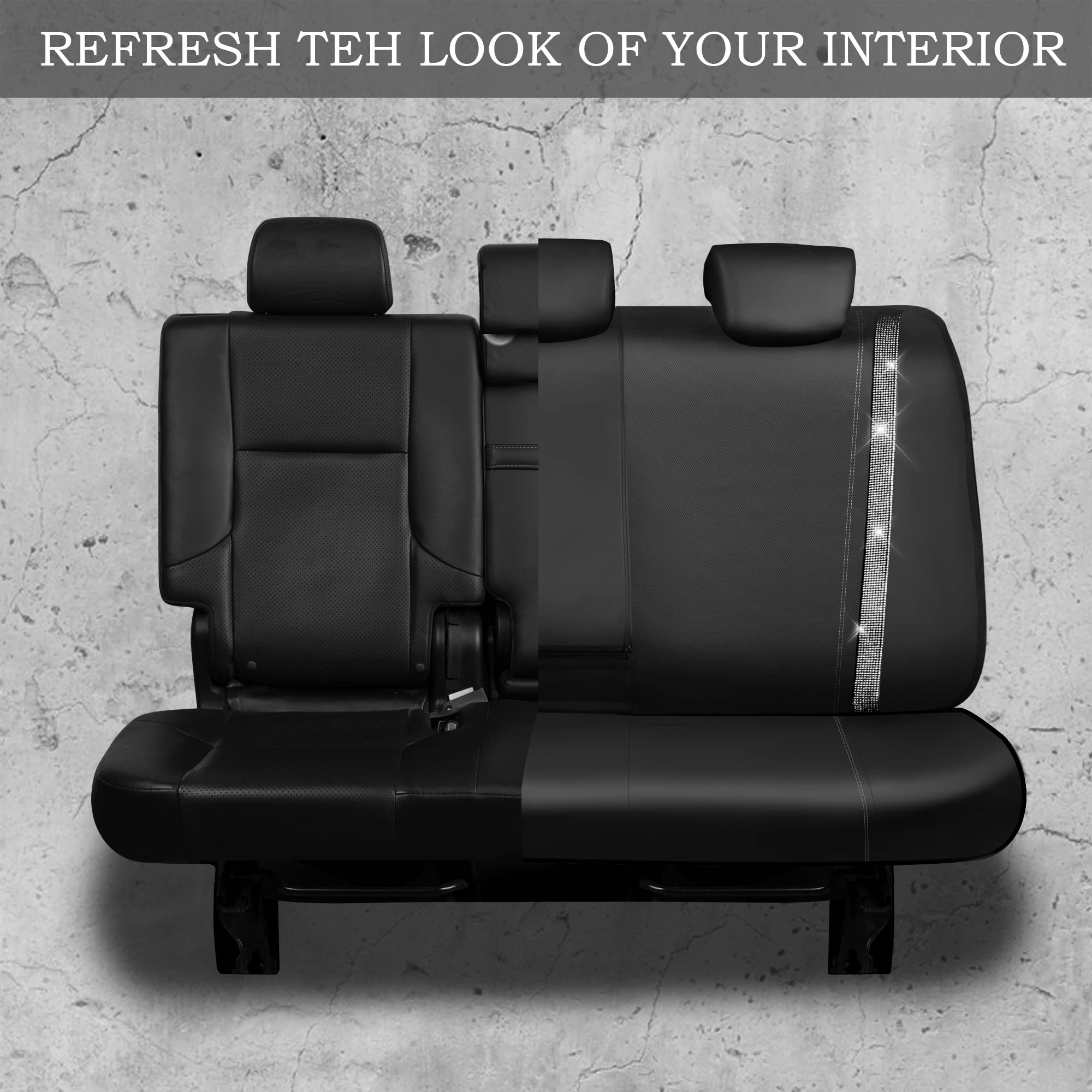 CAR PASS Bling Rhinestone&Leather Back Seat Cover, Waterproof Bench Rear Seat Cover Shining Diamond Universal Fit Automotive Glitter Crystal Sparkle Strips for Kid Women Girl, Silver Diamond