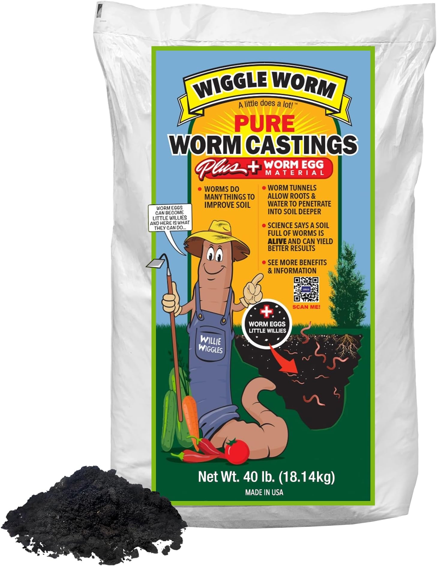 Wiggle Worm 100% Pure Worm Castings Plus Worm Egg Material, 40lbs - Fertilizer and Soil Amendment for Indoor and Outdoor Gardening to Improve Soil Fertility and Aeration - 100% Organic and Odor Free