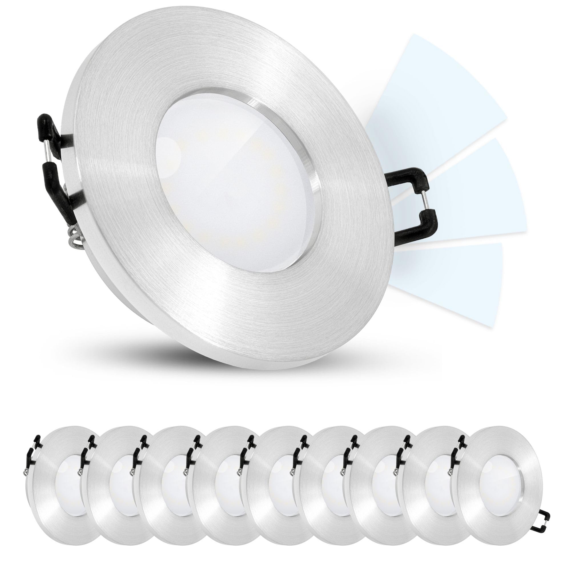 linovum 10 Stück ISASO Bad Einbauleuchten Set IP65 mit fourSTEP Dimmen ohne Dimmer - LED GU10 5W neutralweiß 230V rund Alu