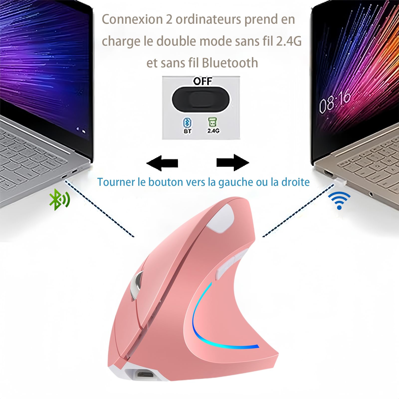 WREWING Mouse verticale, mano destra 2.4 GHz, ergonomico ricaricabile, senza fili, 4 DPI regolabili 800/1200/1600/2400, 6 tasti, compatibile con PC, desktop e MAC