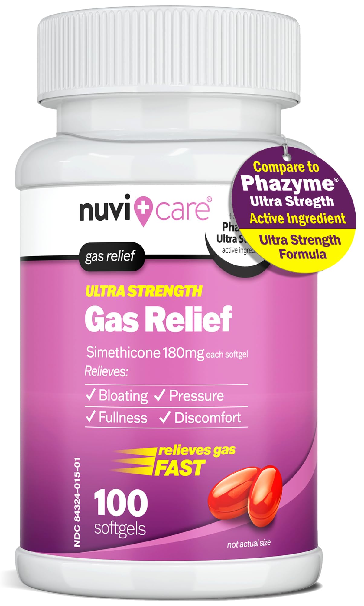 NUVICARE Simethicone 180mg Ultra Strength Gas Relief, Gas x, 100 Ct