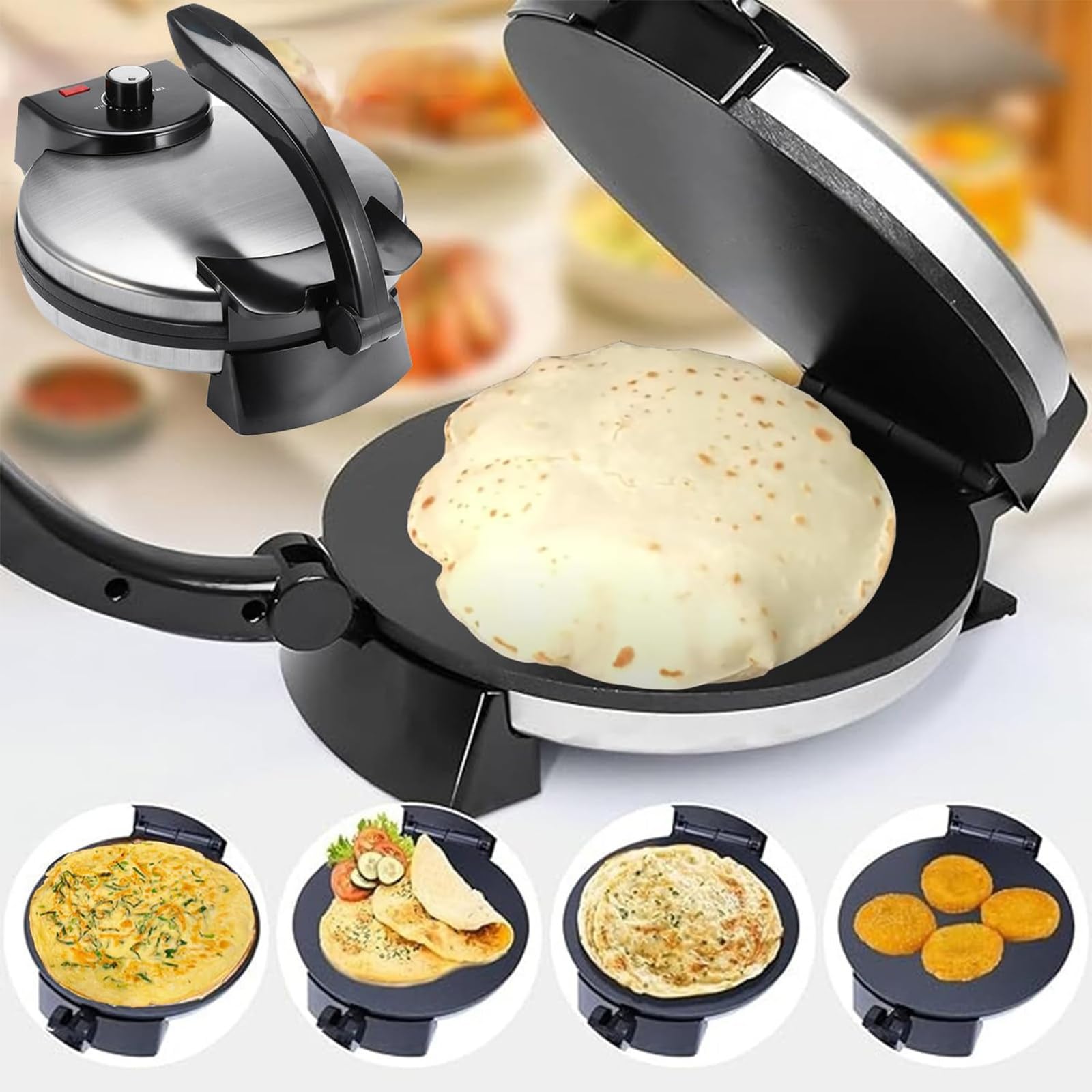 1500W Automatic Electric Roti & Chapati Maker Machine, Compact Flatbread Machine, Electric Tortilla Press & Roti Maker, Indicator Light, Anti-Scalding Handle, Chapati, Pancakes, Crepes & Omelettes