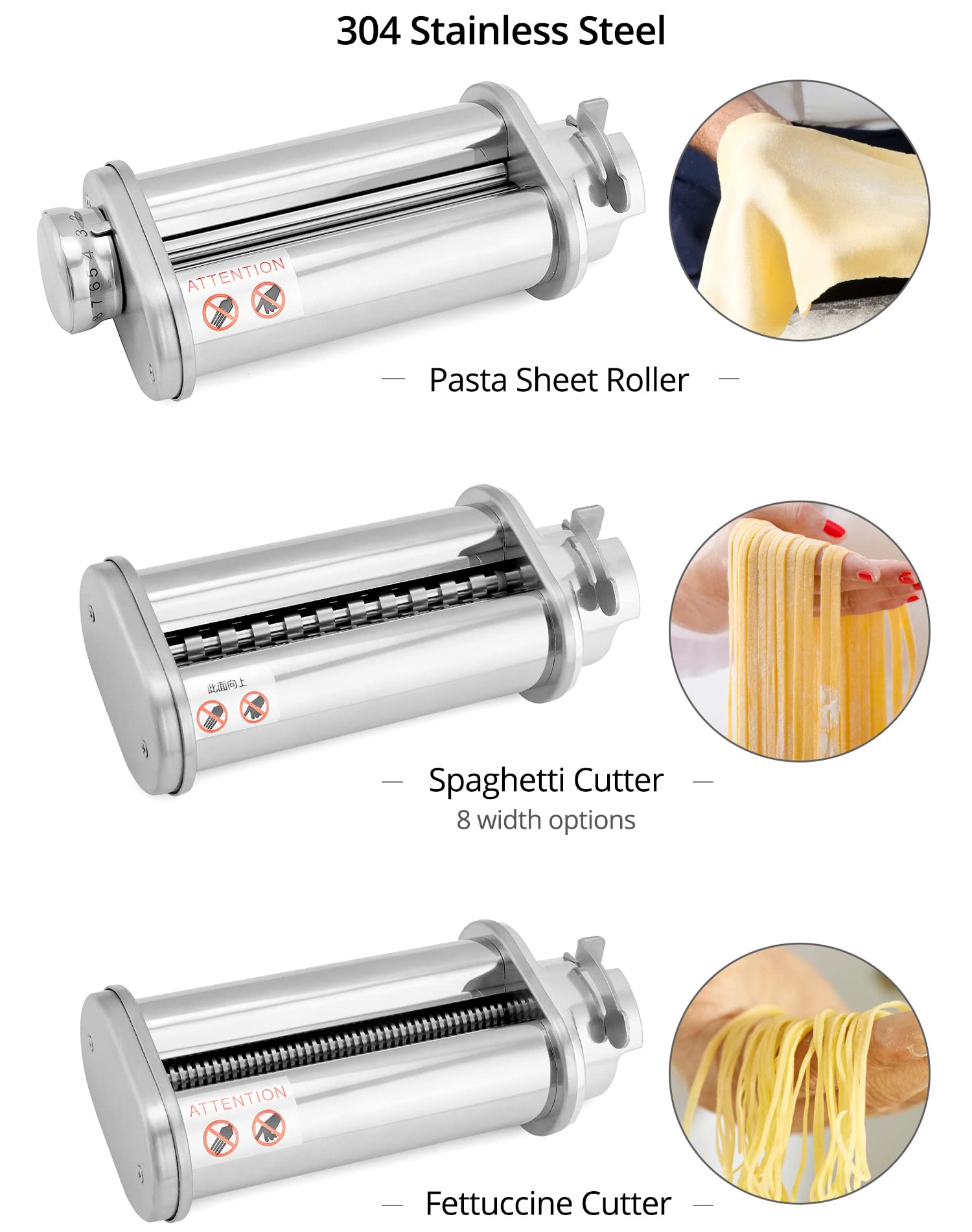 QWORK® Zestaw 3 akcesoriów do makaronu — kompatybilny z robotem kuchennym Bosch MUM5 MUM4 i częścią serii MUM2 — wałki do arkuszy makaronu, nóż do spaghetti, nóż do fettuccine