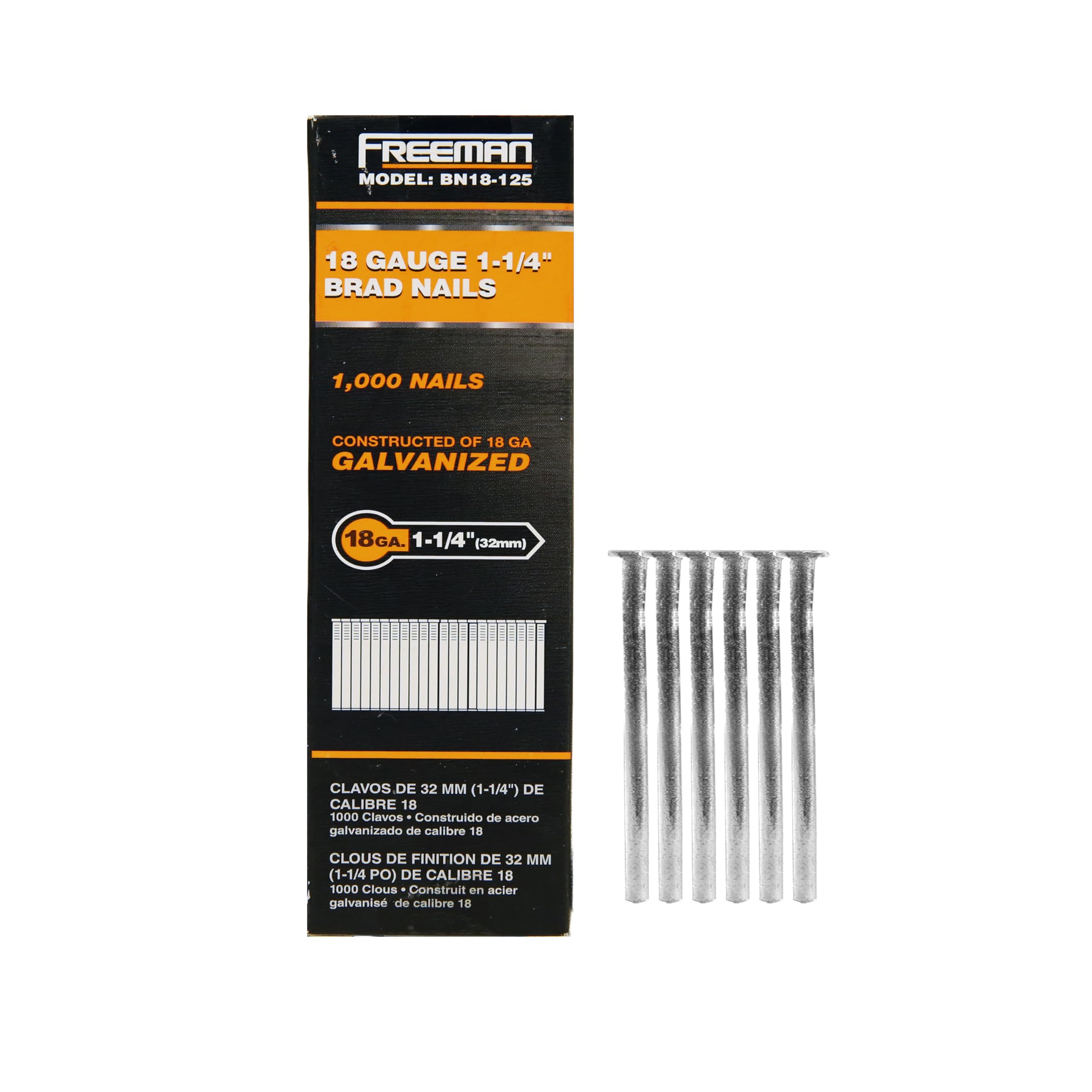 Freeman 18-Gauge 1-1/4" Glue Collated Galvanized Brad Nails – 1,000 Count – For Trim, Moulding, and Baseboards – Compatible with 18 GA Brad Nailers