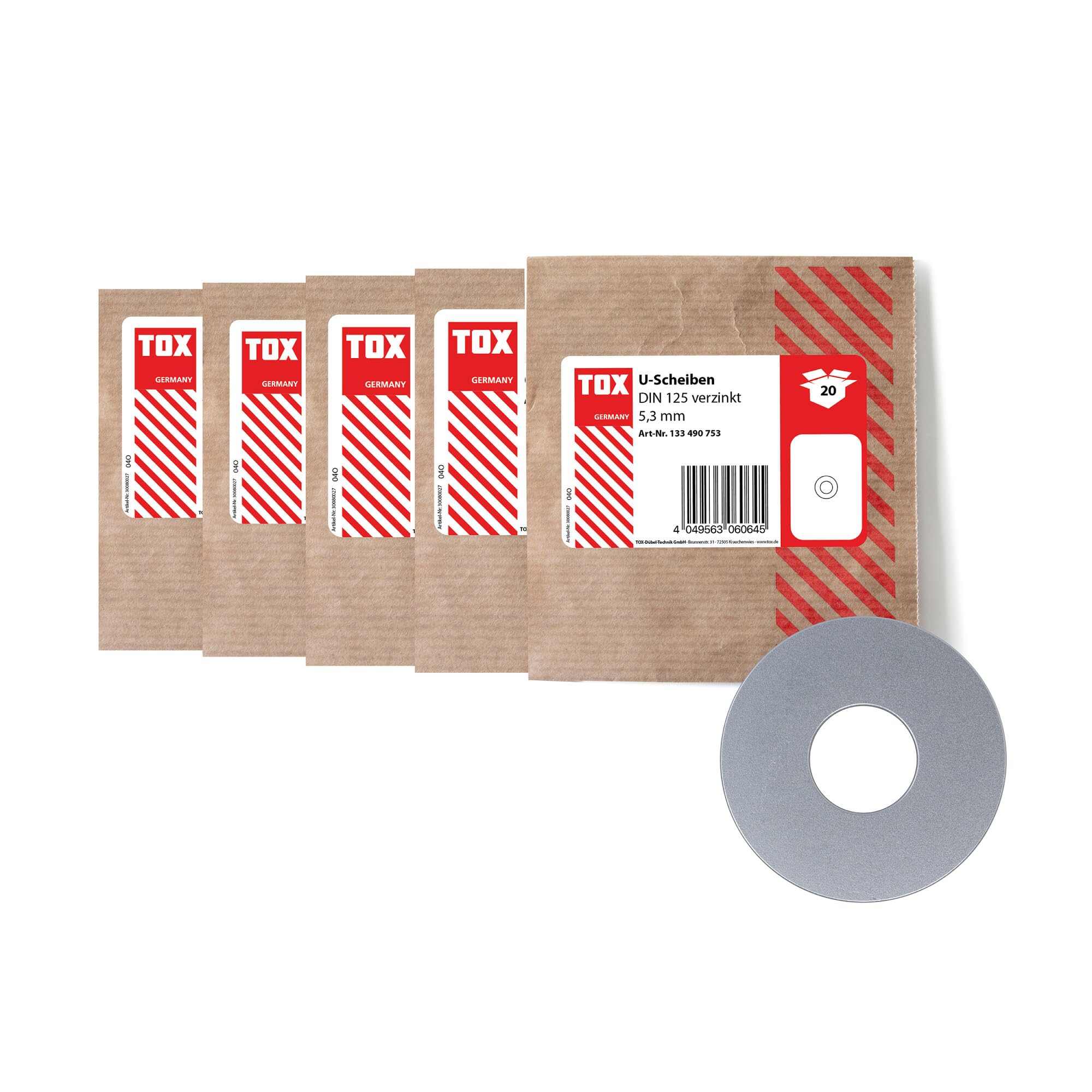 TOX Washer Set (96 Pieces) Galvanised DIN 125 Protection Against Damage, U Washers in 5 Standard Sizes (5.3/6.4/8.4/10.5 and 13 mm) in Environmentally Friendly Paper Packaging, 09990916