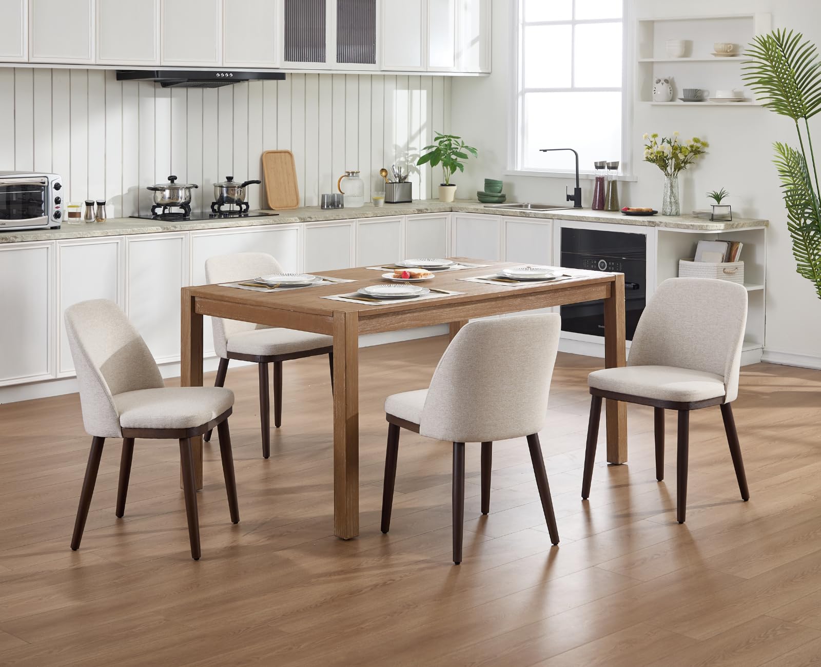 Ya-Home Set di 2 Sedie da Pranzo in Tessuto di Lino con Gambe in Legno, Beige