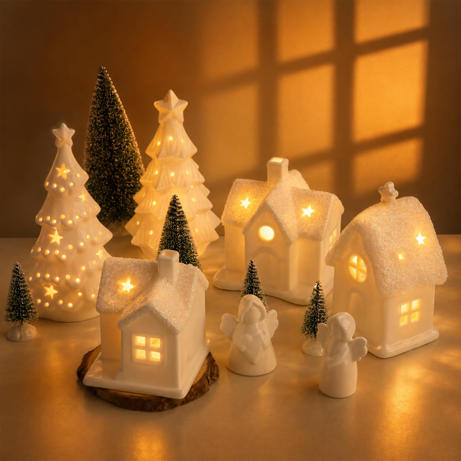 12Stk Weihnachtsdorf mit Beleuchtung,Weihnachtshaus Beleuchtet,Keramik Weihnachtsdeko innen,3*beleuchtete Weihnachtshäuser & 2*Weihnachtsbäume & 2*Engel,Deko Weihnachtsdorf mit Beleuchtung für Tisch