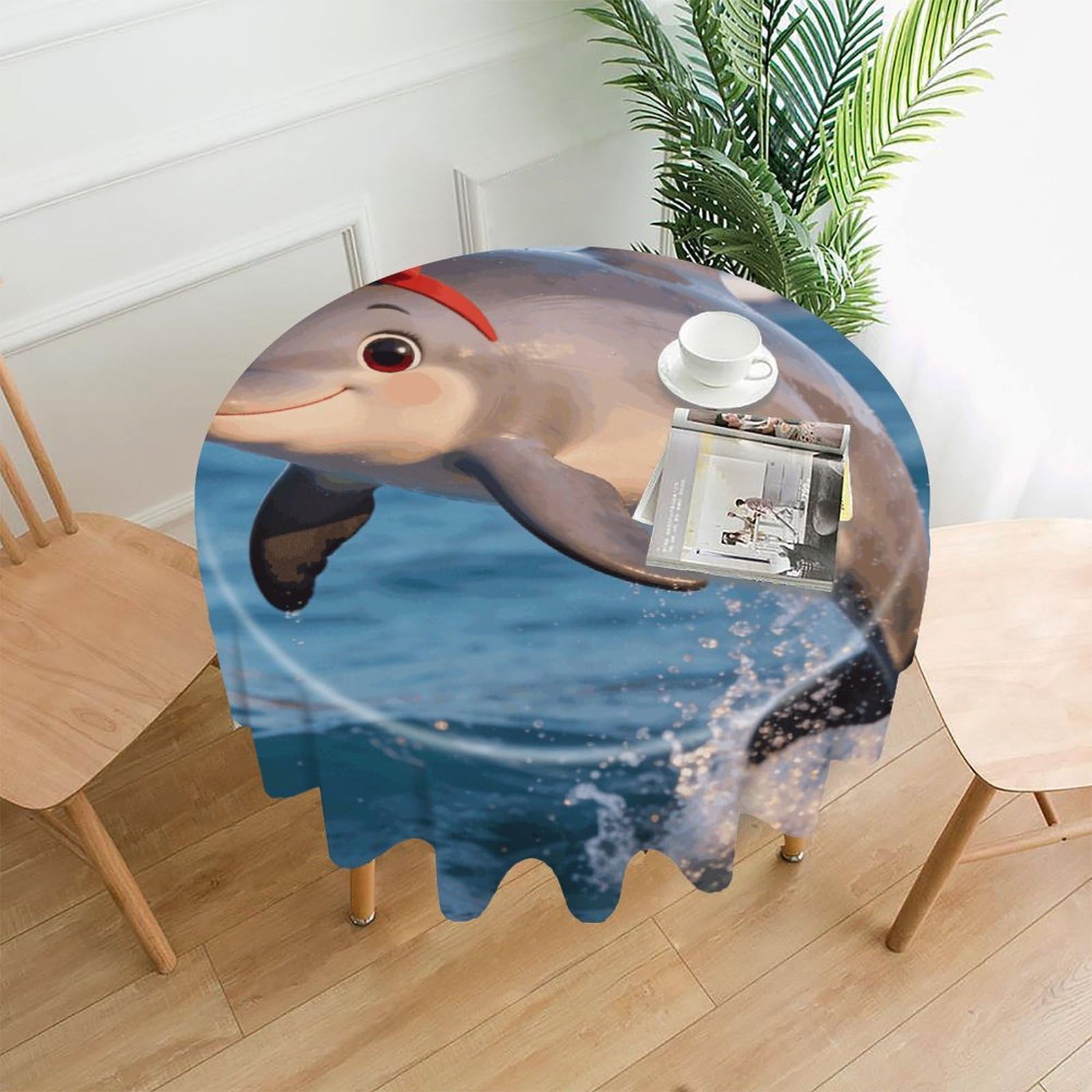 LZQPOEAS Cute Dolphin Gift Tablecloth Easy to Clean Polyester Round Table Cover Washable Round Table Cloth Wrinkle-Free Circle Decoration Tablecloth for Kitchen and Dining Room 60"