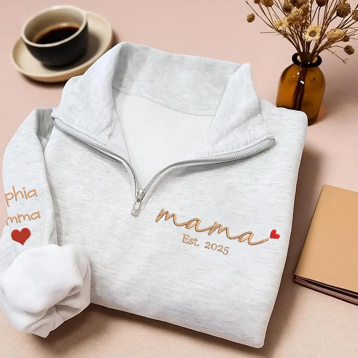 Godashop Custom Embroidered Mama Quarter Zip Sweatshirt, Personalized Name Pullover EST 2025, Cozy Cotton Fleece Half Zip Top, Personalized Gifts For New Mom, Mommy Birthday, Mothers Day, Christmas/2 - Image 3