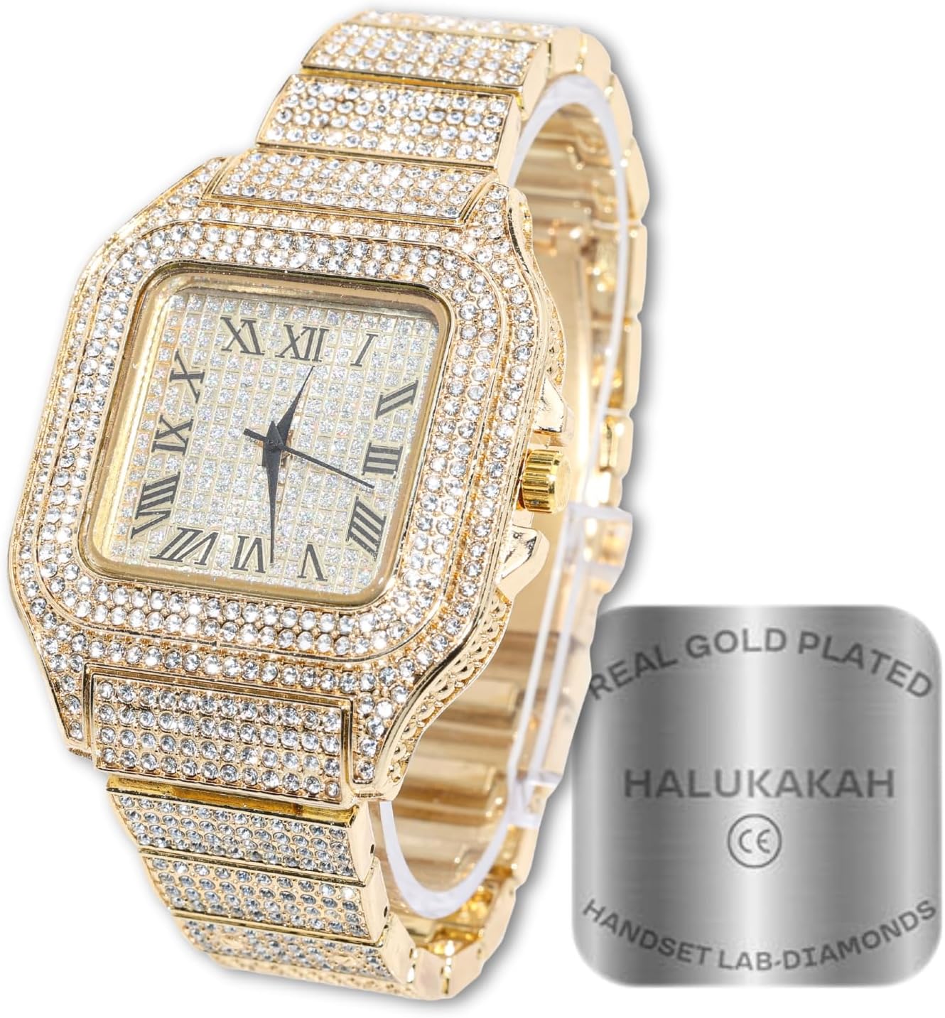 HALUKAKAH Diamonds Gold Watch Iced Out,Men's 18K Gold/Rose Gold/Rhodium Black/Platinum White Gold Plated 40MM Width Square Dial Quartz Wristband with Cuban Link Chain Necklace Bracelet,Free Giftbox