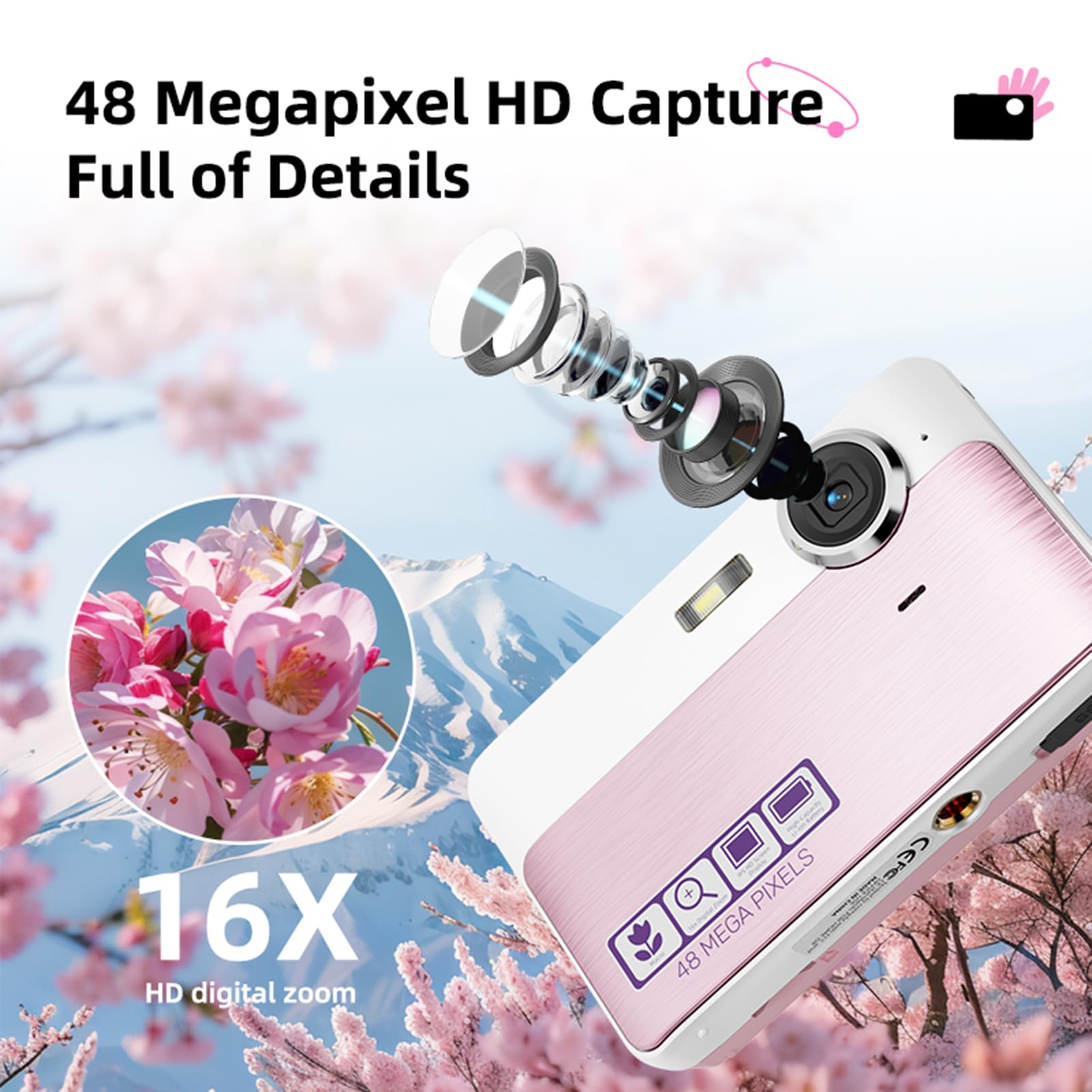 Aparat cyfrowy 1080p 48MP Dzieci Kamera wideo 2,4 -calowa ekran Auto Focus 16x Zoom Wbudowany w baterię 32 GB karta TF Czytnik USB Urodzin Birth Black Pink (Różowy)