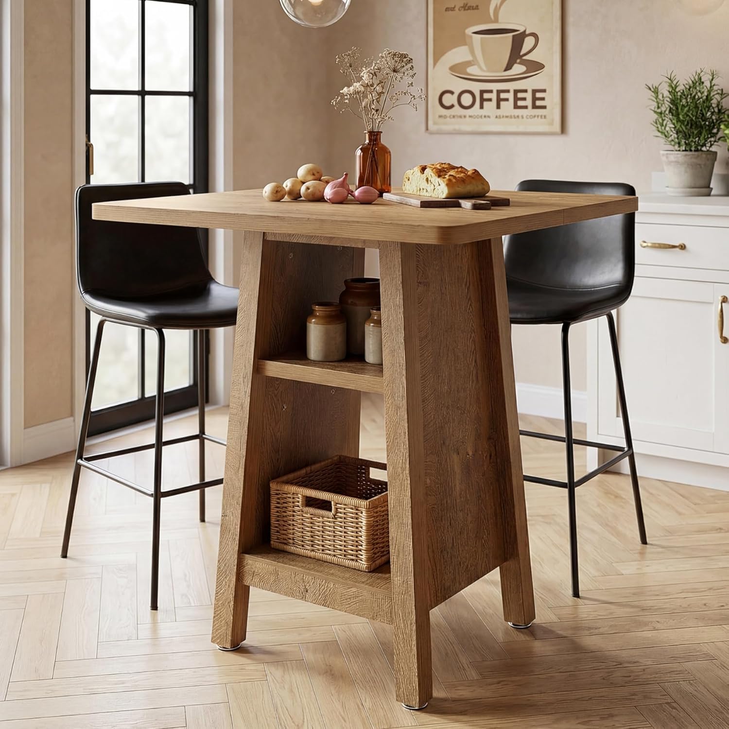 Tribesigns Bartisch quadratisch mit 3 Ablagen, 90cm hoher Stehtisch mit Regal, moderner Bistrotisch für Küche & Esszimmer, kleiner Küchentisch für 2-4 Personen, platzsparender Pub-Tisch, Vintage Braun