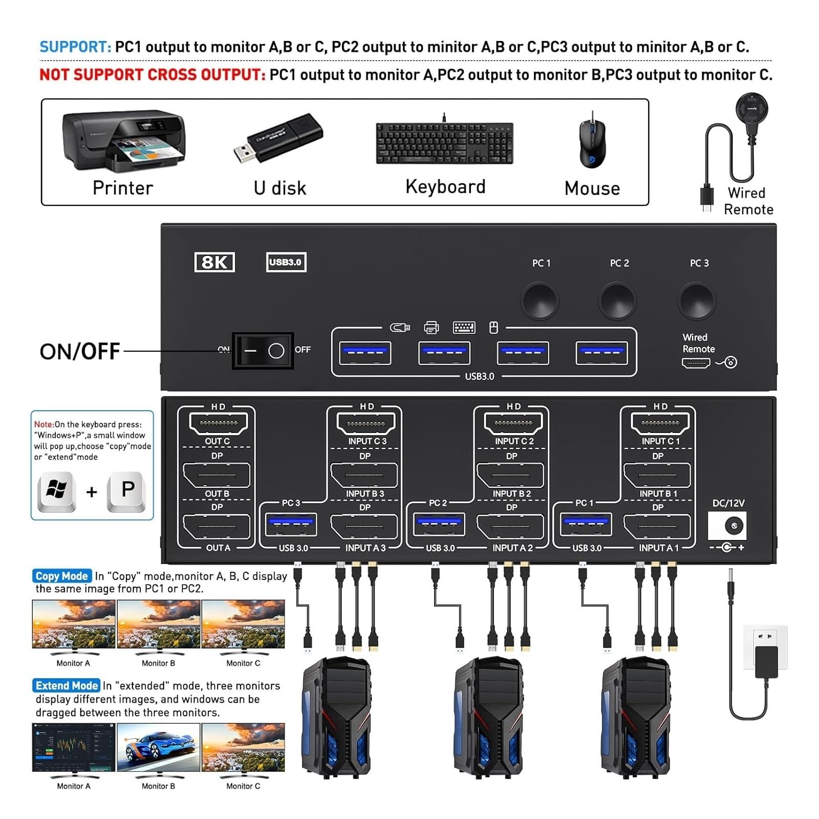 Convertitori video, Switch KVM USB 3.0 3 monitor 3 computer 8K@60Hz 4K@144Hz KVM a triplo monitor con 4 porte USB 3.0 KVM triplo