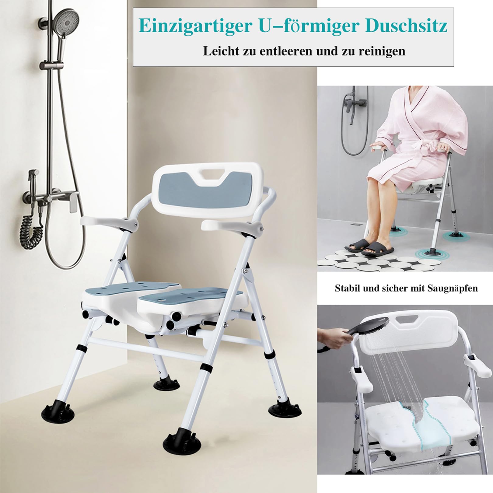NJUN Duschstuhl Klappbar, Duschstuhl Aus Aluminium, Duschhocker HöHenverstellbar, Kein Zusammenbau Erforderlich, Rutschfestes Design, Duschstuhl Mit Armlehnen, Duschhocker 150 Kg