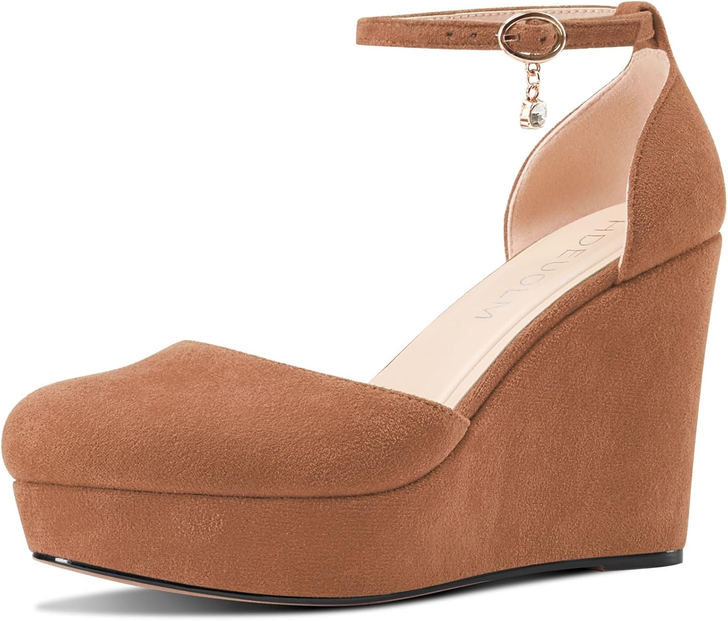 HDEUOLM Womens Wedges Platform Heel Round Toe Pumps Ankle Strap Two-Piece Casual Basic Classic 3.9 Inches Heels