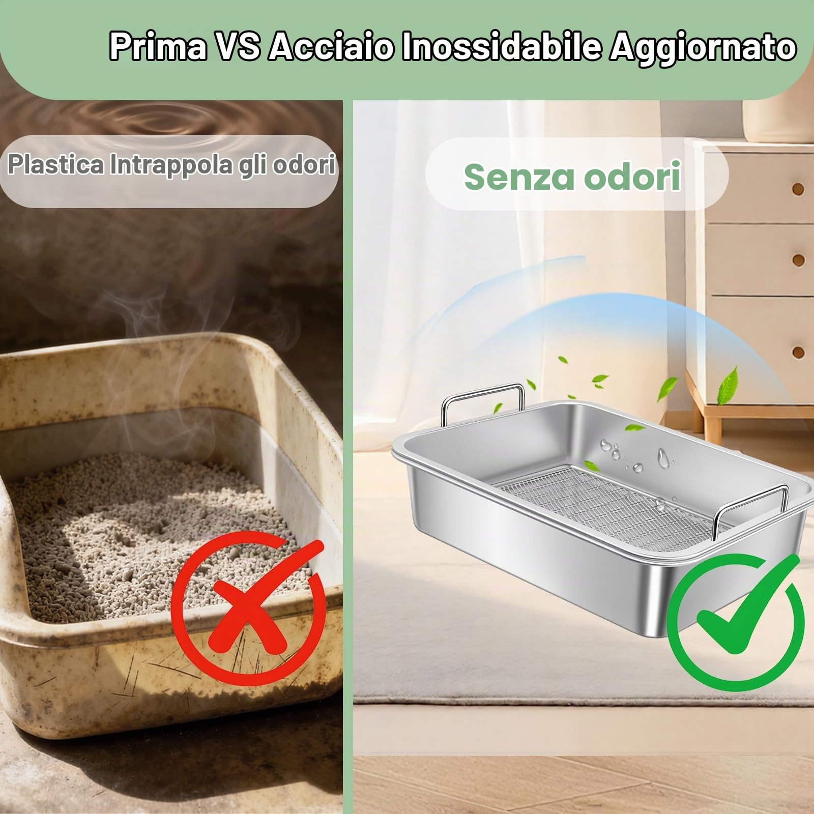 Lettiera setacciata in acciaio inossidabile per lettiera di argilla agglomerante, grande lettiera in metallo con manici, facile da pulire, 45 cm di lunghezza x 35 cm di larghezza x 15 cm di