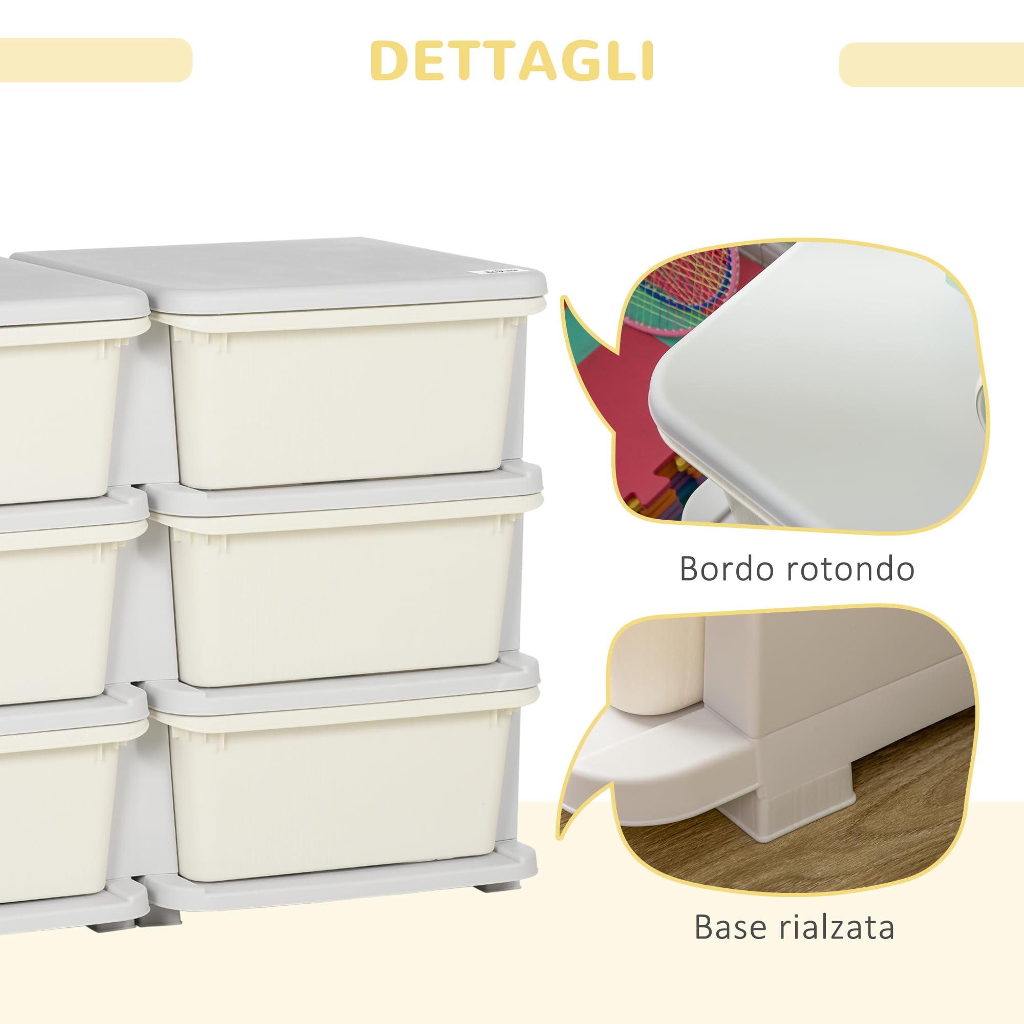 HOMCOM Mobile Cassettiera per Bambini 3-6 Anni con Bordi Arrotondati, Cassettiera Moderna in PP, 75x37x56.5 cm, Bianco Crema