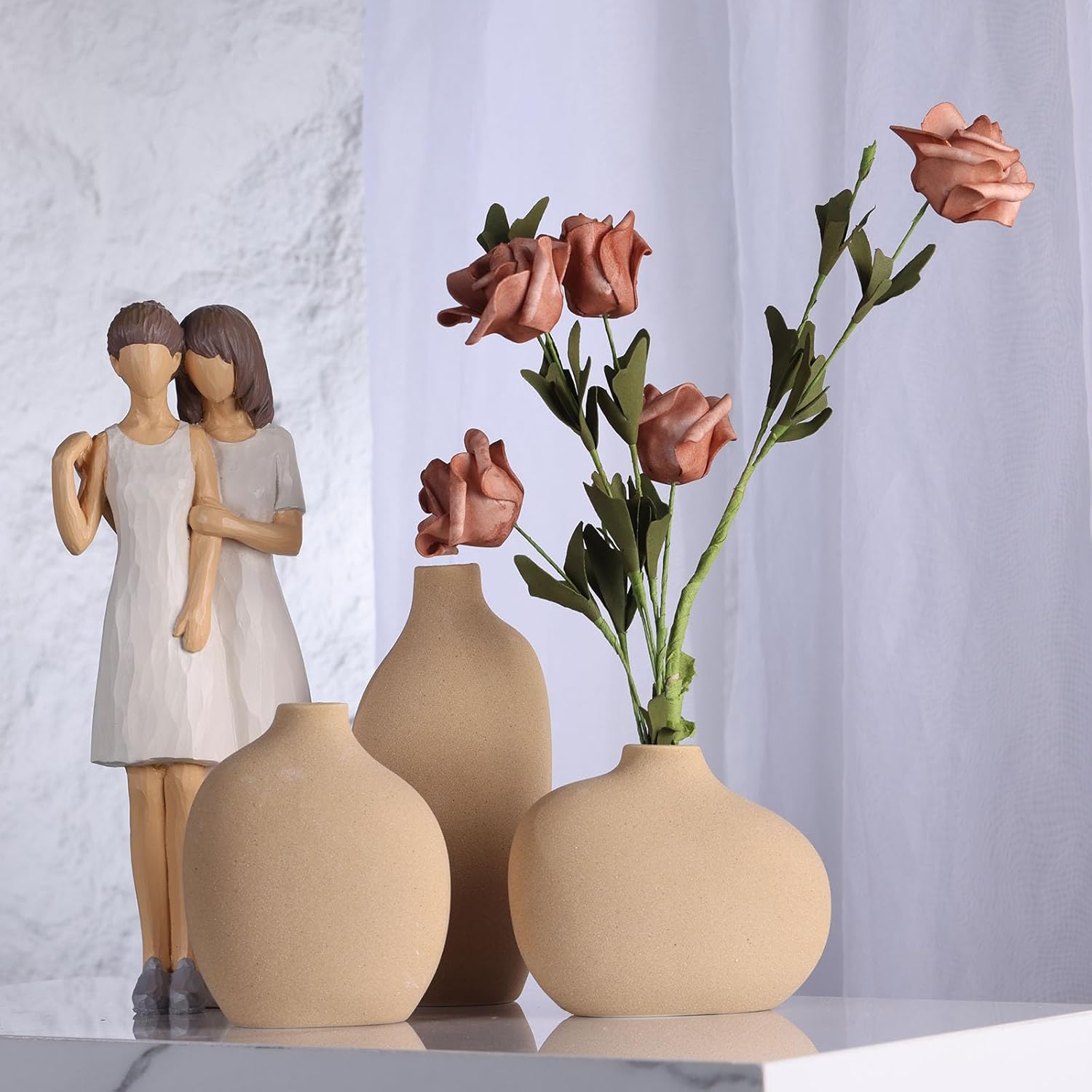Small Tan Brown Ceramic Vase Set of 3,Bulk Mini Bud Vases for Flowers and Pampas Grass,Cute Boho Ellipse Home Decor for Coffee Table Centerpieces,Living Room,Office,Bookshelf,Entryway Decor - Image 5