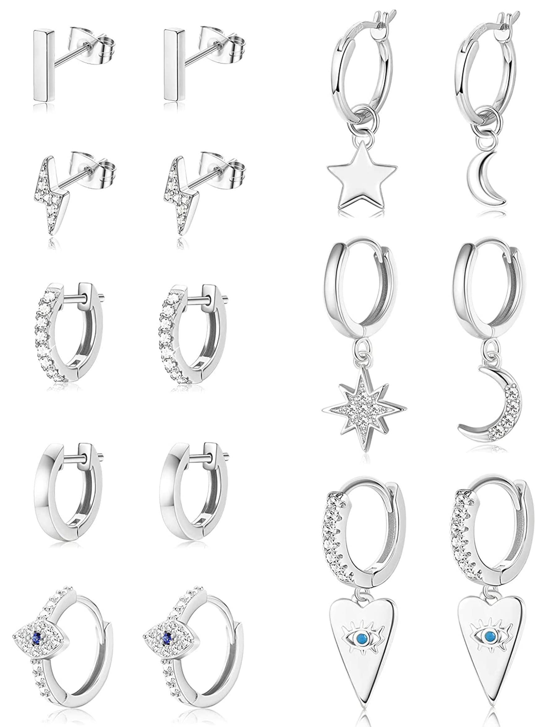 JeweBella8Paia Pequeños Pendientes Acero inoxidable Mujer Hipoalergénico Mini Pendientes Aro Colgantes con Luna Estrella Zircon Mal de ojo Pendientes Conjunto Oro/Plata