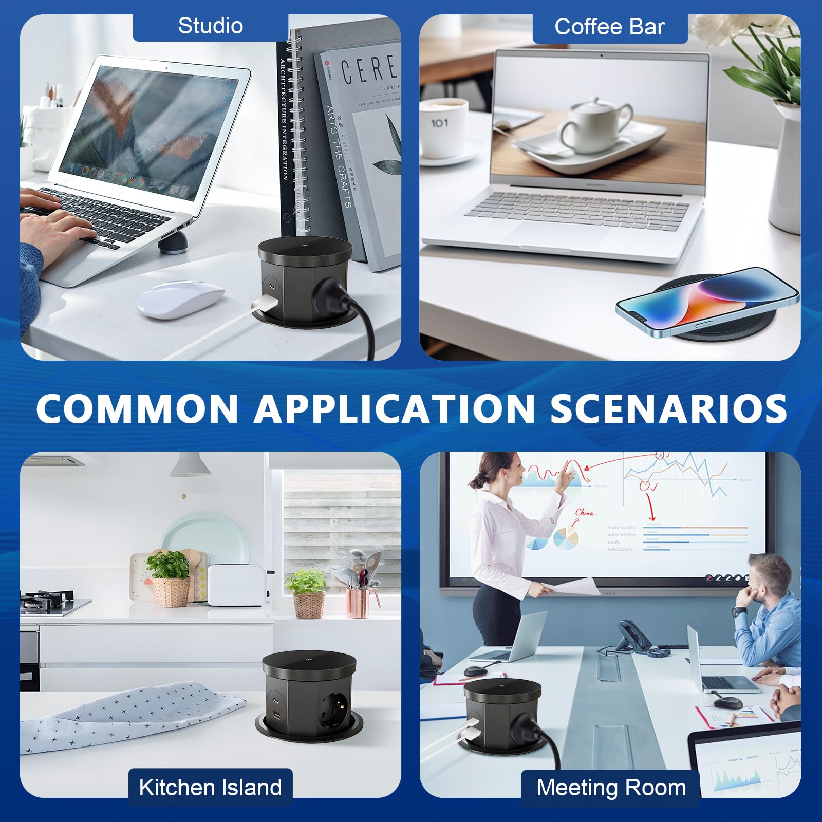 Presa a scomparsa, presa per piano di lavoro da cucina con caricabatterie wireless da 15 W, D 110 mm, 2 Schuko, 2 PD 20 W USB A+C, presa a scomparsa da incasso per piano di lavoro da cucina e ufficio