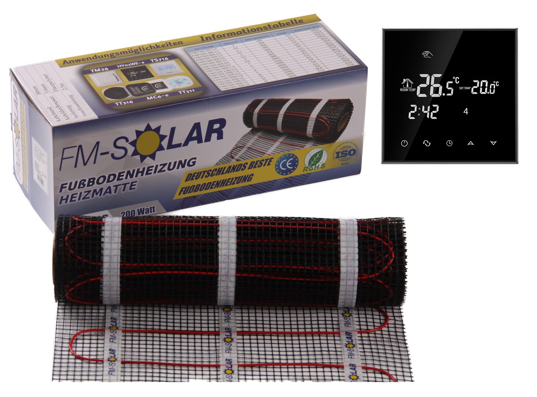 4m² Elektrische Fußbodenheizung 200W/m² elektro Bodenheizung TWiIN Fliese, Thermostat:Touch schwarz
