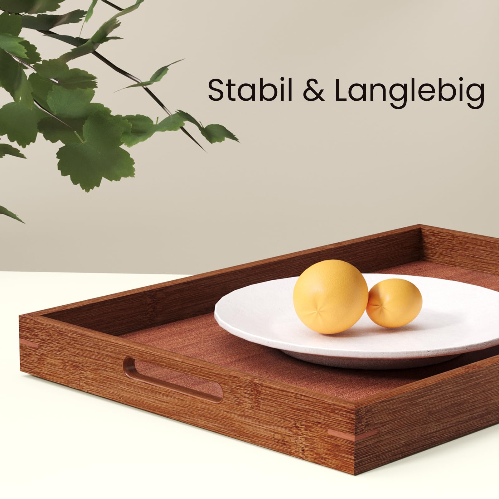 Fibogollo 2er Set Bambus Serviertablett, Deko Tablett Serviertabletts mit Griffen,Groß Küchentablett Servierplatten für Frühstück Geschirr Getränke(Braun)