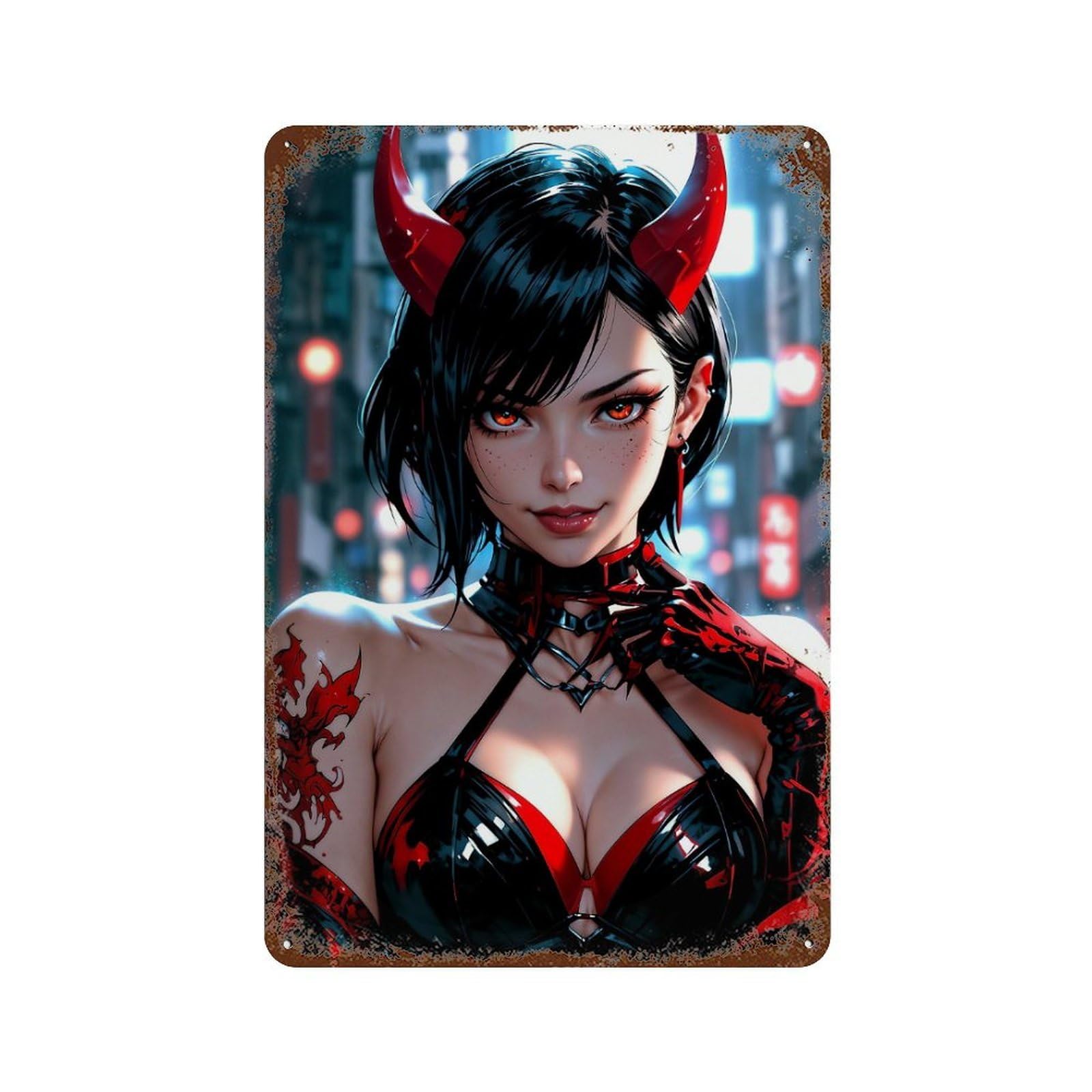Rust Effect Asian Anime Girl Halloween Rustic Tin Plaque 11.8"x7.9", Classic Wall Plaque for Shed, Workshop And Garage Wall Decor