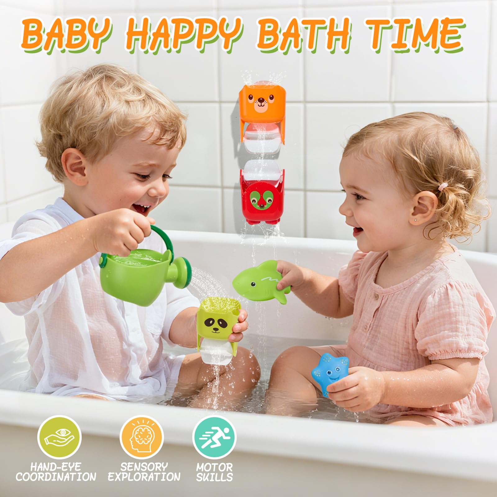 Schimmelfreies Badespielzeug, 17 Stück, sicher und leicht zu reinigen, rotierende schwimmende Wasserfallflaschen und Bewässerungsbecher ohne Bohren, Babyspielzeug über 12 Monate, Wasserspielzeug für