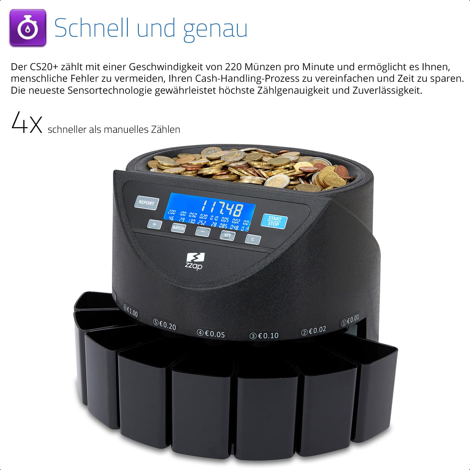 ZZap CS20+ Automatischer EURO Münzzähler & -sortierer - Geldzählmaschine Münzzählautomat Geldzähler