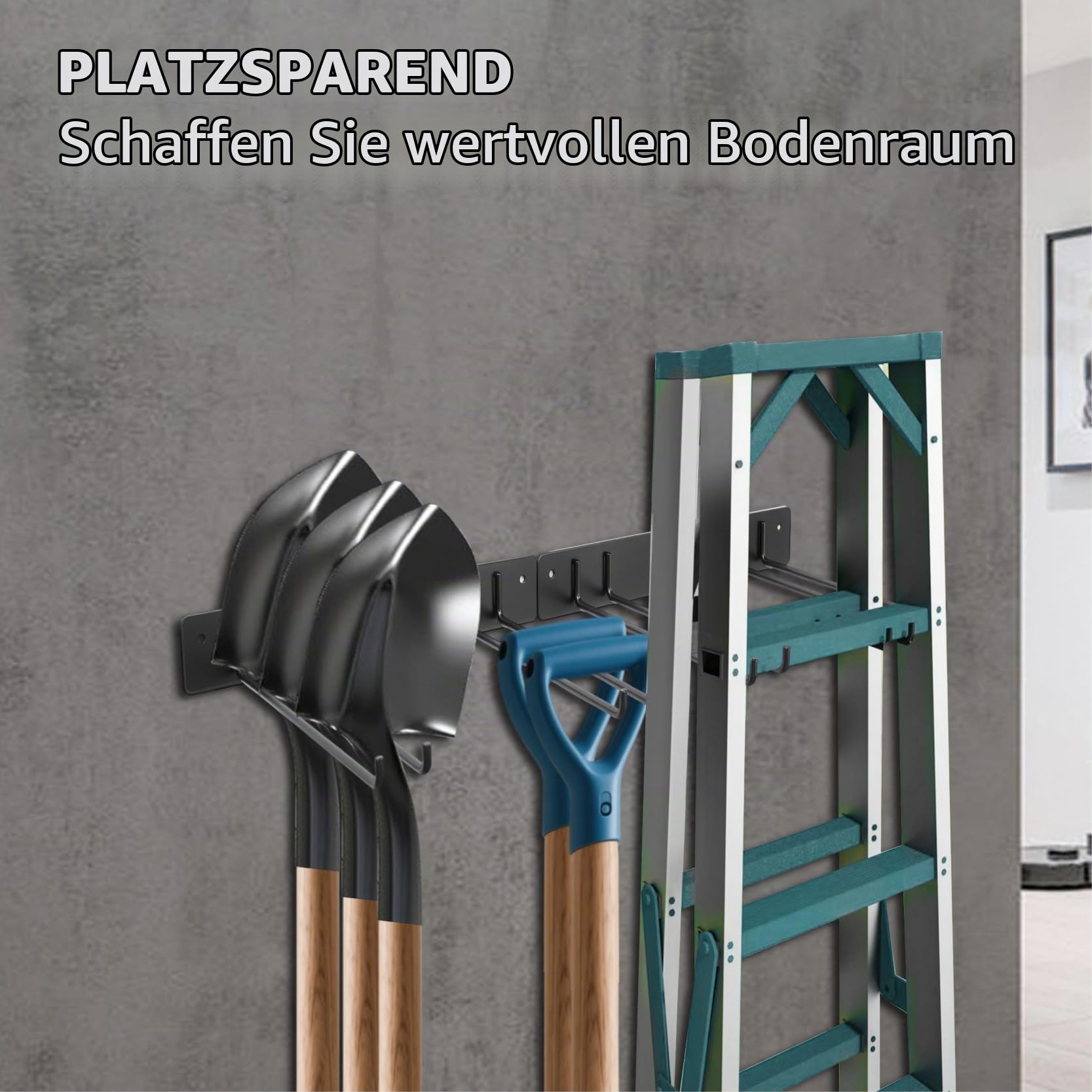 Sinoer Tool Organizer Wandhalterung, Garage-Aufbewahrungslösung, klappbarer Stuhlbeinhaufen, Gartengeräteaufbewahrungshaken, verlängerte Version, rostfrei, Tragfähigkeit 240 Pfund- 4-teiliges Set