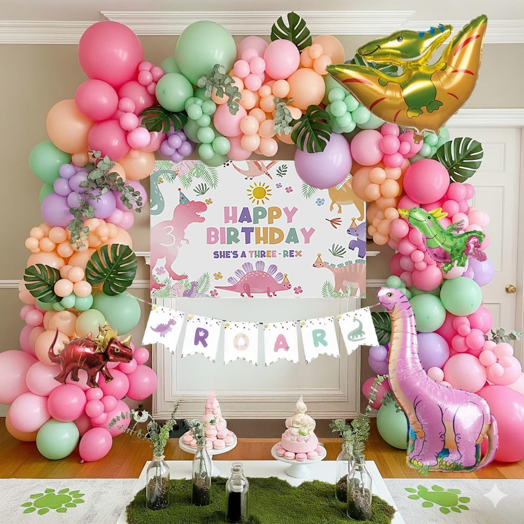 Three-Rex Cute Dinosaur theme birthday party Decorations with Pink Green balloon and dino foil balloon & footprint sticker & ROAR Banner Backdrop & Artificial Palm Leaves for Girls 3rd birthday