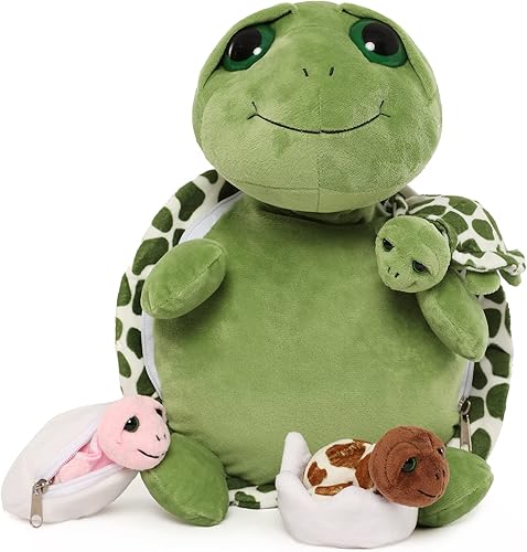 Miniatura 2 de Karister Animal de peluche con 3 tortugas bebé y 2 huevos de tortuga dentro de su concha de tortuga con cremallera Regalos de felpa de tortuga de