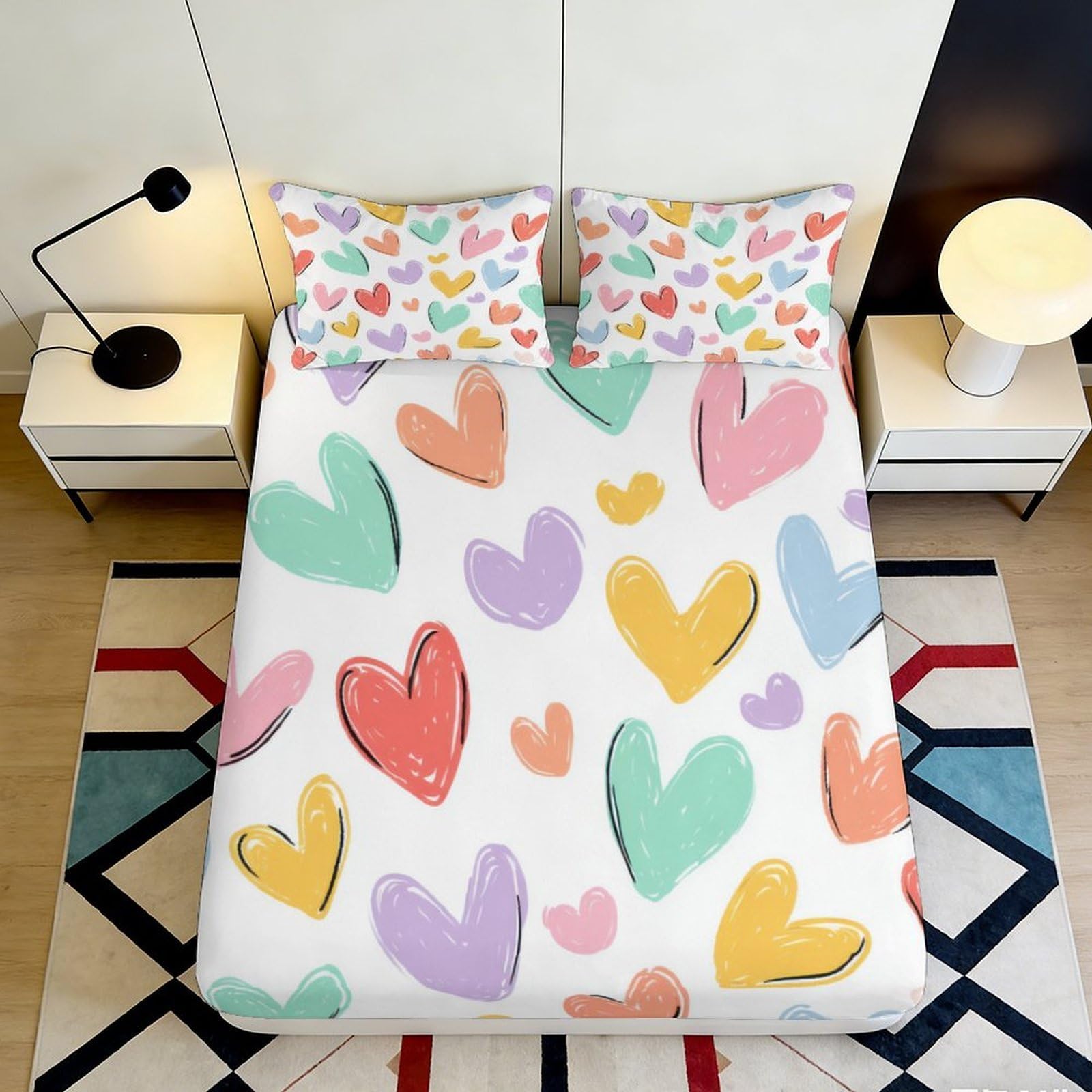 3D Printed Colorful Heart Pattern Fitted Sheet Microfiber Soft Breathable Pastel Hearts Mattress Cover for Bedroom Dormitory Guest Room Decor 180x200x25cm