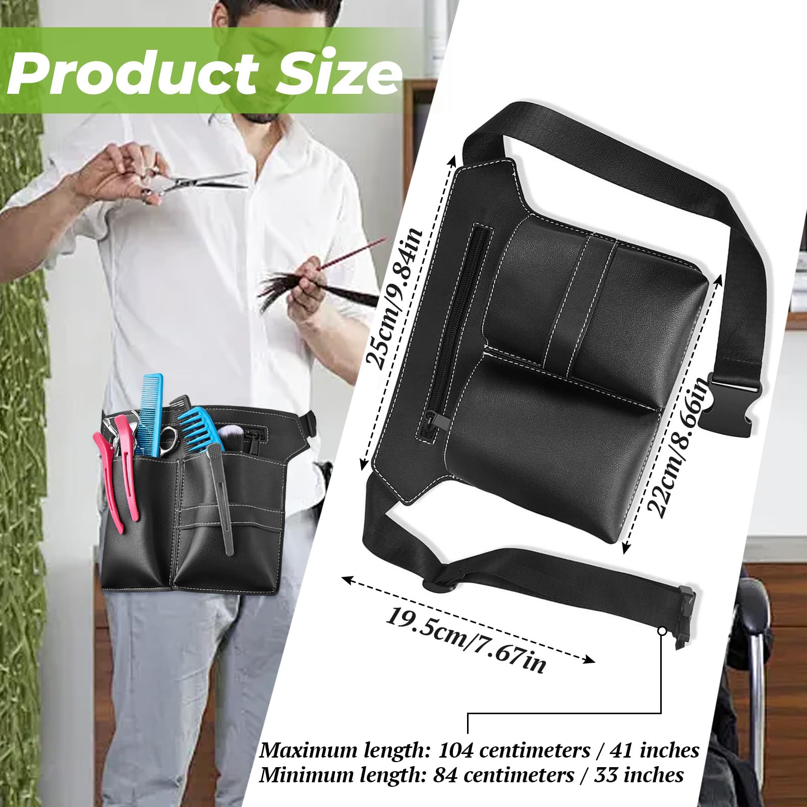 Friseurtasche Schwarz – PU Leder Friseur Gürteltasche mit Gürtel, Professionelle Friseur Werkzeugtasche für Scheren Kämme, Tragbare Scherentasche für Friseure, Große Friseur Tasche Salon Zubehör - 2