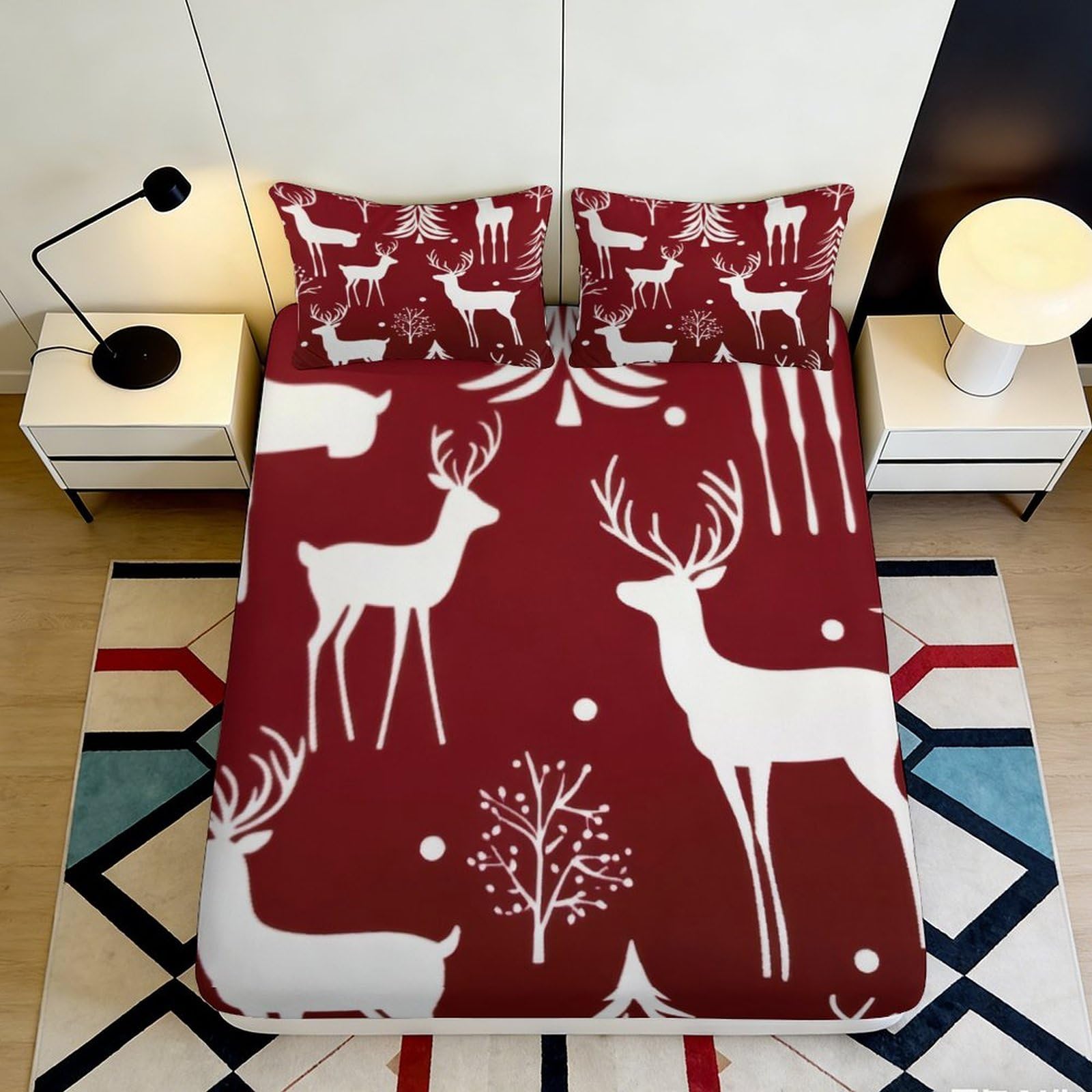 3D Printed Red Reindeer Christmas Fitted Sheet Microfiber Soft Anti-Slip Winter Forest Mattress Cover for Bedroom Dorm Decor 120x200cm 140x200x25cm