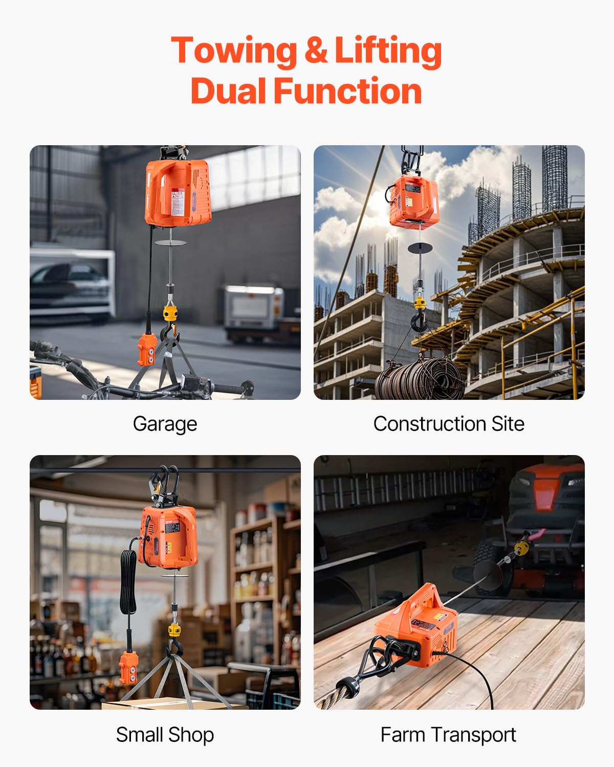 VEVOR Verricello Elettrico, Capacità 500 kg, Verricello Elettrico Portatile 1500 W, Altezza di Sollevamento 9,1 m, 4 m/min con Telecomando a Filo e Wireless, per Garage Fabbrica Sollevamento Traino