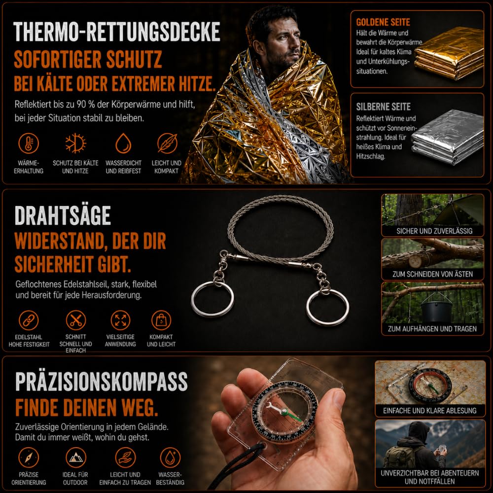 EU 2025 Survival Kit mit Rucksack, Apothekenkoffer und Taschenlampe, Überlebens-Thermodecke, Militär Profi Survival Messer, Axt, Pflaster, Pfeife und Kompass