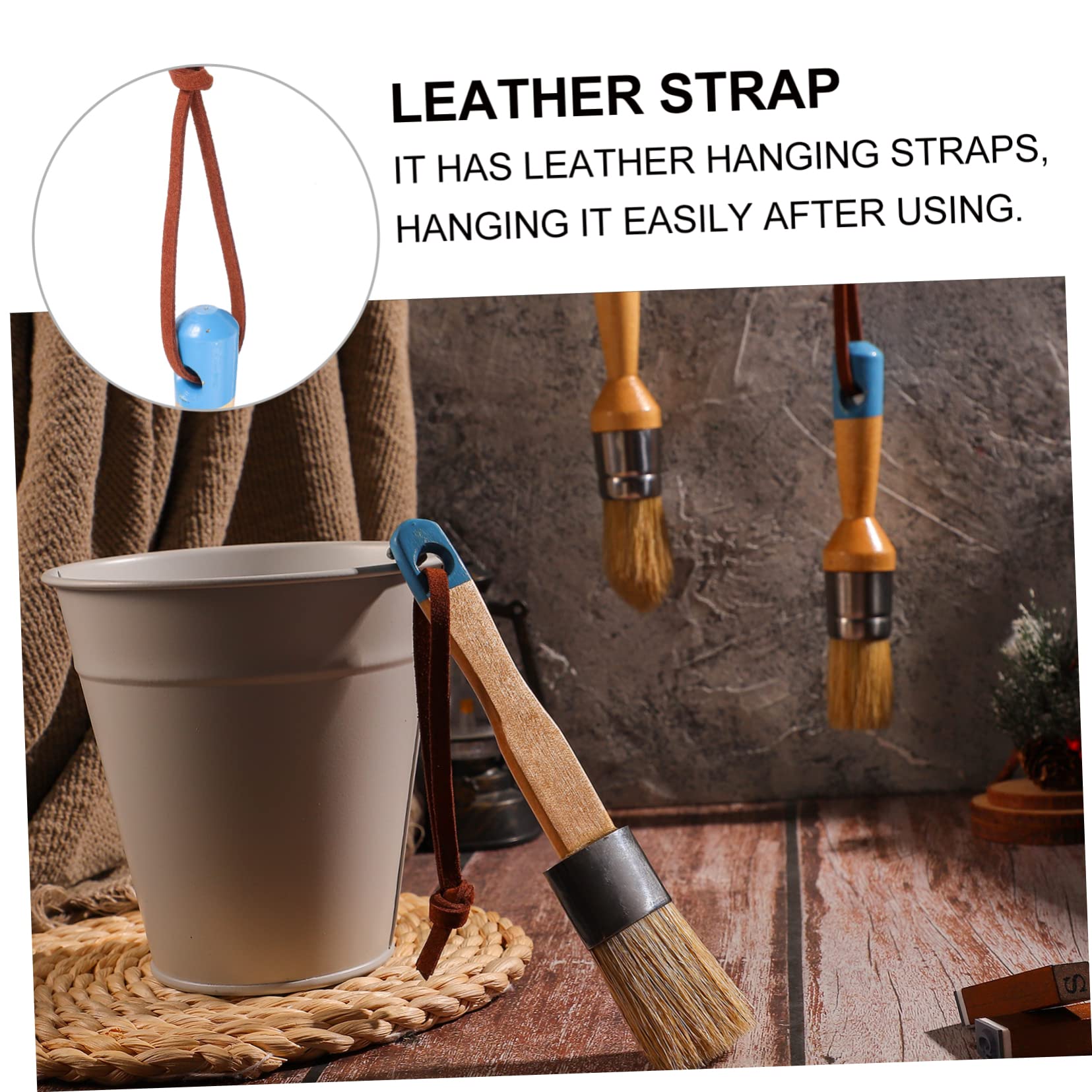 HOMSFOU Set 3 Pennelli Rotondi Manico in Legno per Vernice e Cera, Setole Naturali di Cinghiale per Pittura Artistica e Decorazioni Casa, Strumenti Cinghie in Pelle per Artisti e Hobbisti