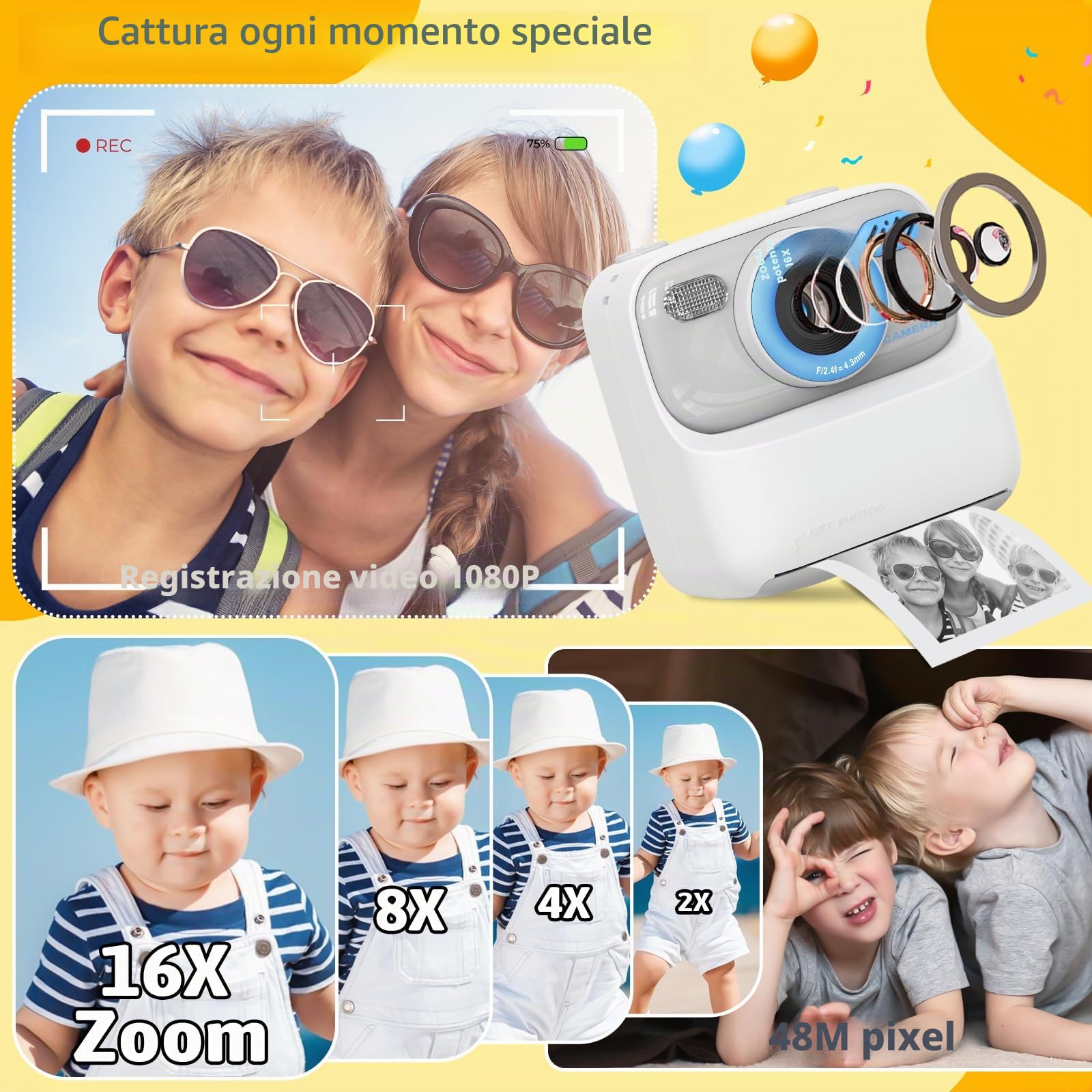 Macchina Fotografica Istantanea Bambini, 20MP/1080P HD Fotocamera Istantanea Bambini Digitale con 32GB Scheda SD e 3 Rotoli di Carta da Stampa, Regalo per Ragazze Ragazzi da 3-14, Bianco