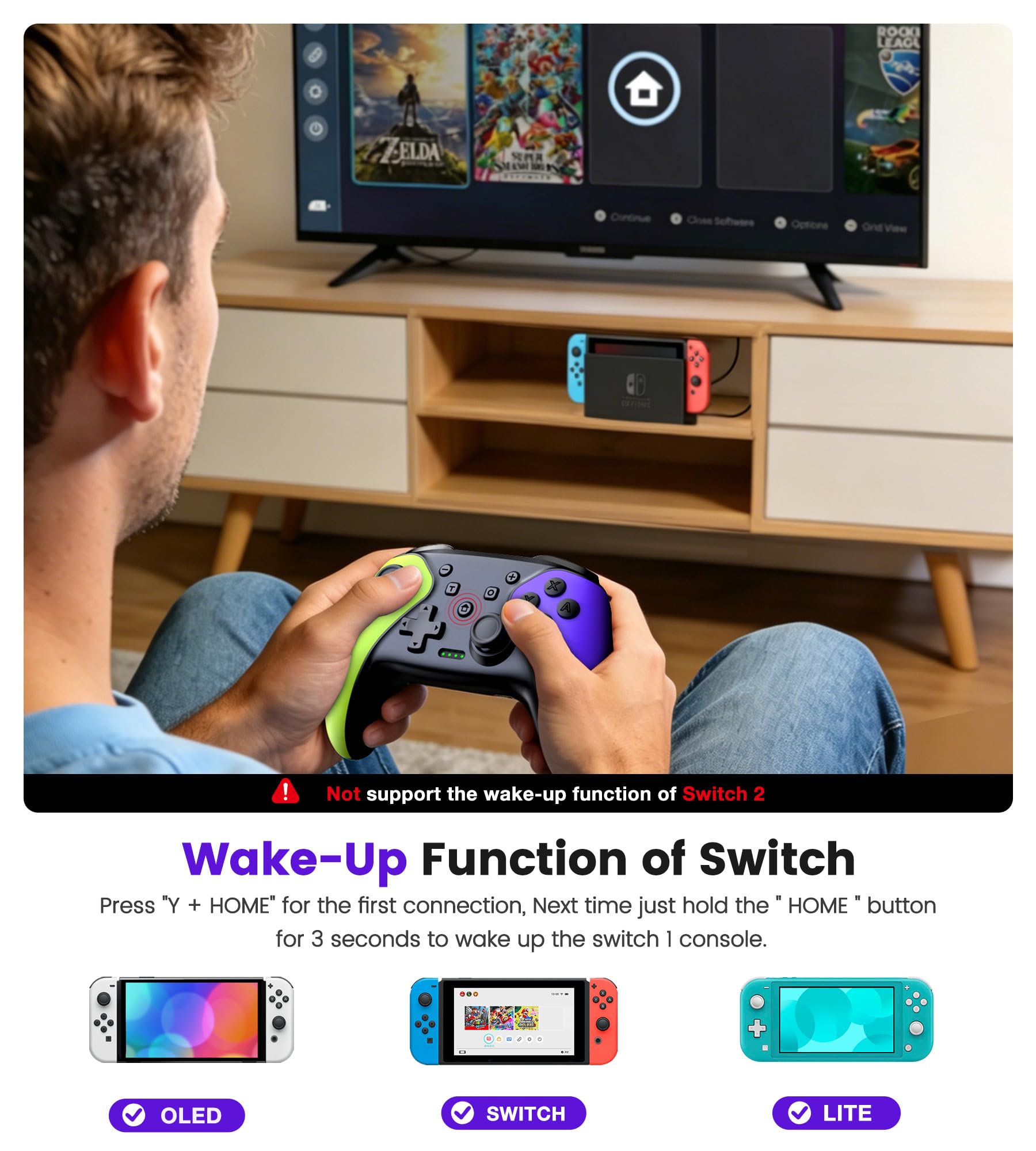 Wireless Pro Controller für Switch 2/Switch 1/Lite/OLED/Android/IOS/PC, Gamepad mit Programmierbar/6-Achsen Gyroskop/Dual Vibration/Turbo/1000mAh Akku, Ergonomisch Gestalteter Präzise Joystick - 5