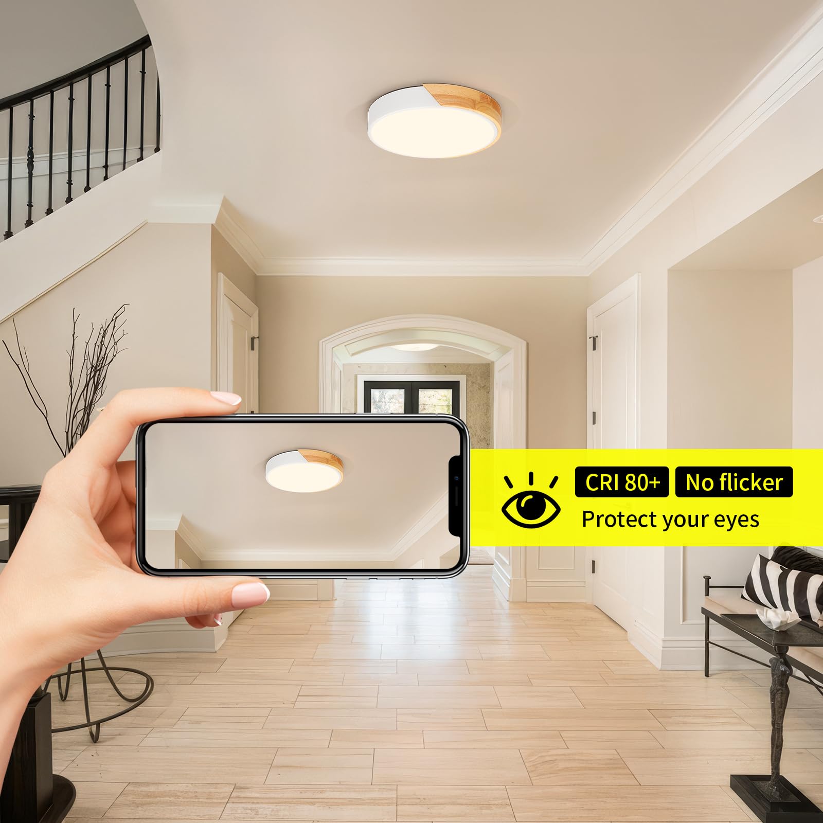 Kambo Plafón LED Redondo de Madera 24W 3000K- Lámpara de Techo Moderna Interior Blanco 2400LM Ø30cm, Luz iluminación para Cocina Salón Dormitorio Oficina Pasillo