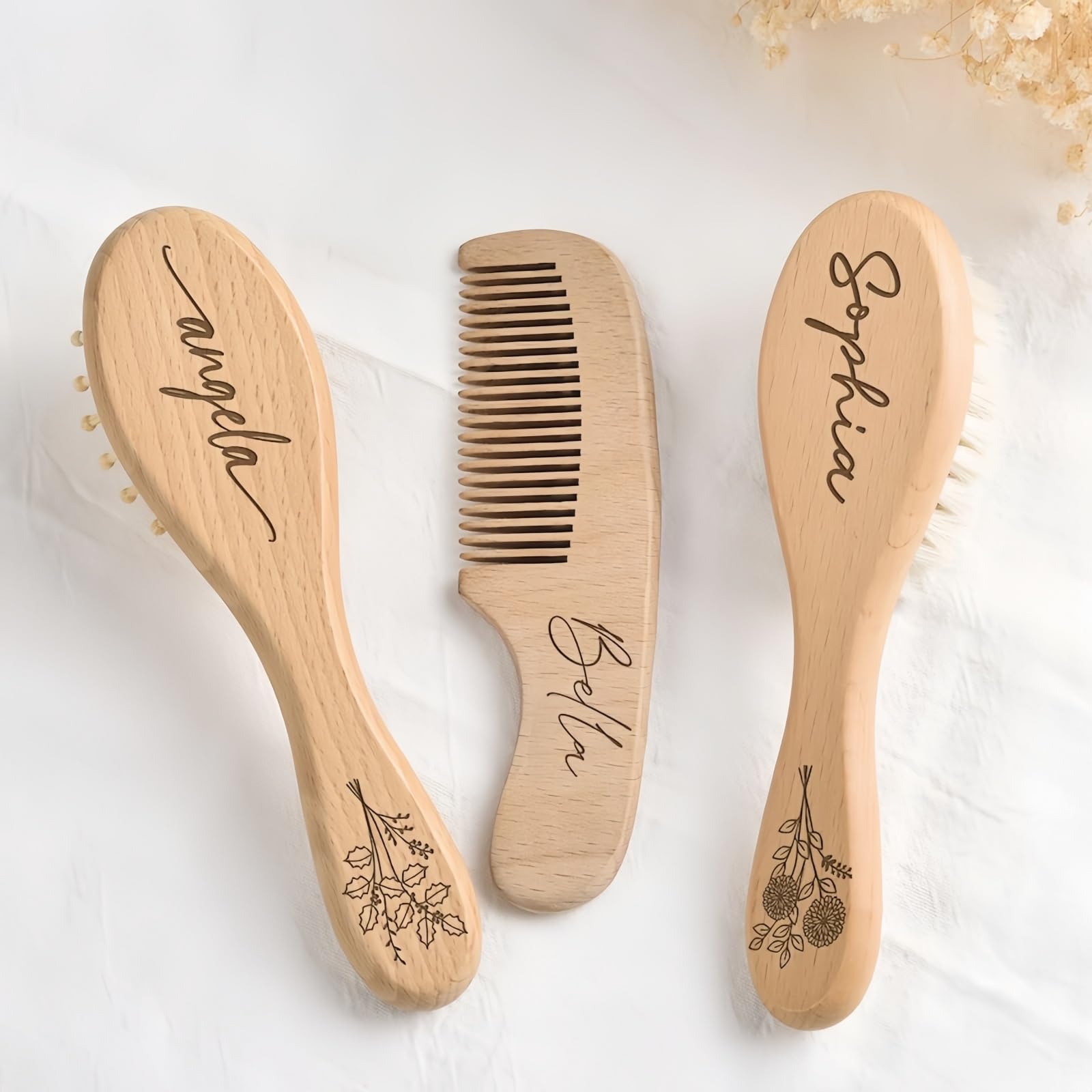 Personalized Baby Brush and Comb Set, 3pcs Custom Engraved Infant Hair Brush, Newborn Wooden Comb, Gifts for Baby Shower