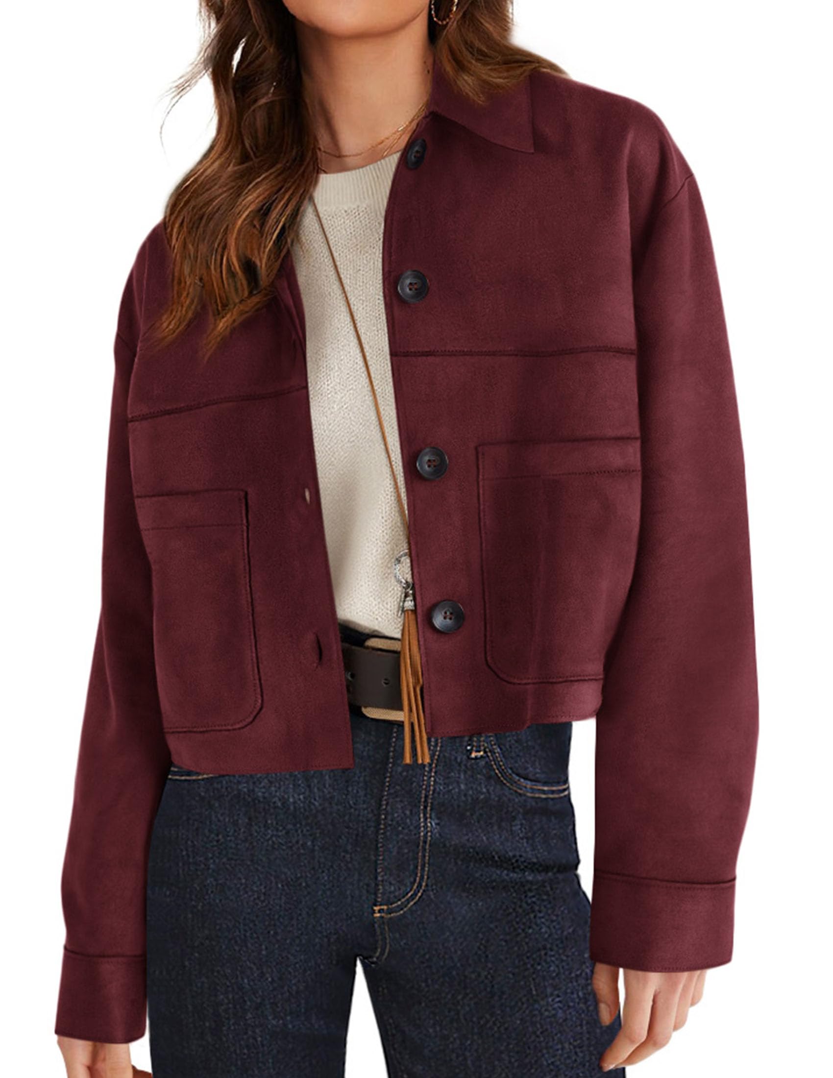 Burgundy Women's Faux Suede Shacket Jackets Lightweight Cropped Coats